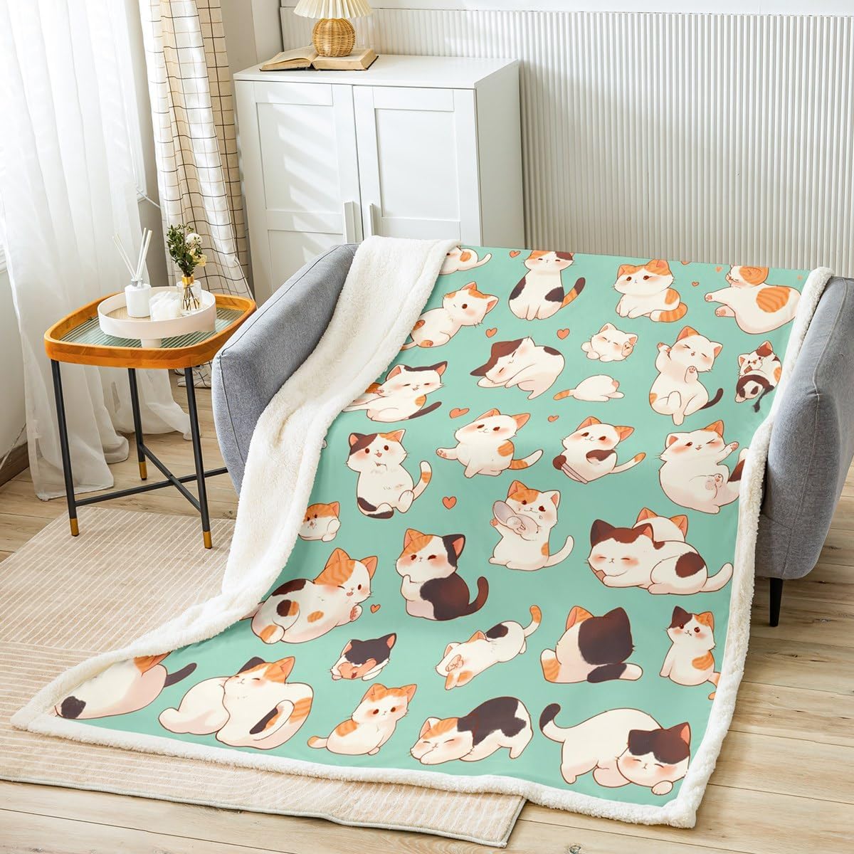 Manfei Cartoon Cats Kids Throw Blanket,Cats Pattern Love Heart Bed Blanket for Boys Girls,Lovely Animals Pets Rustic Farmhouse Fleece Blanket,Teal Cute Fuzzy Blanket,Twin Size (60 x 80 Inches)