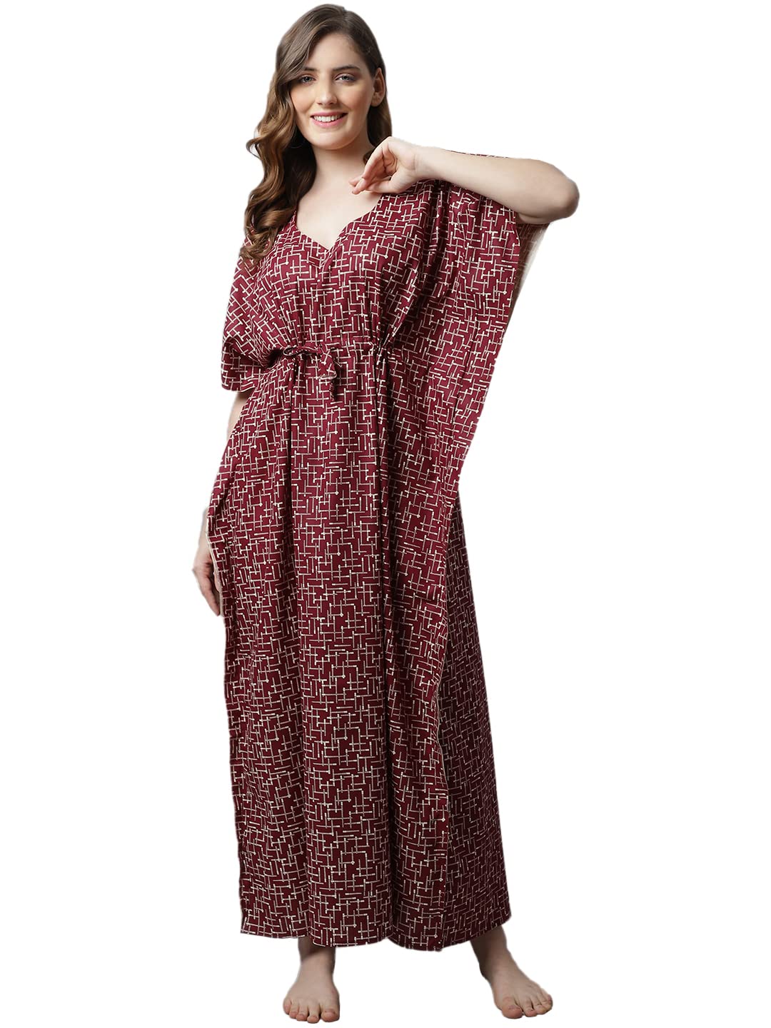 secret wish Women's Cotton Printed Maroon Kaftan Maxi Nighty, Free Size-picture-11