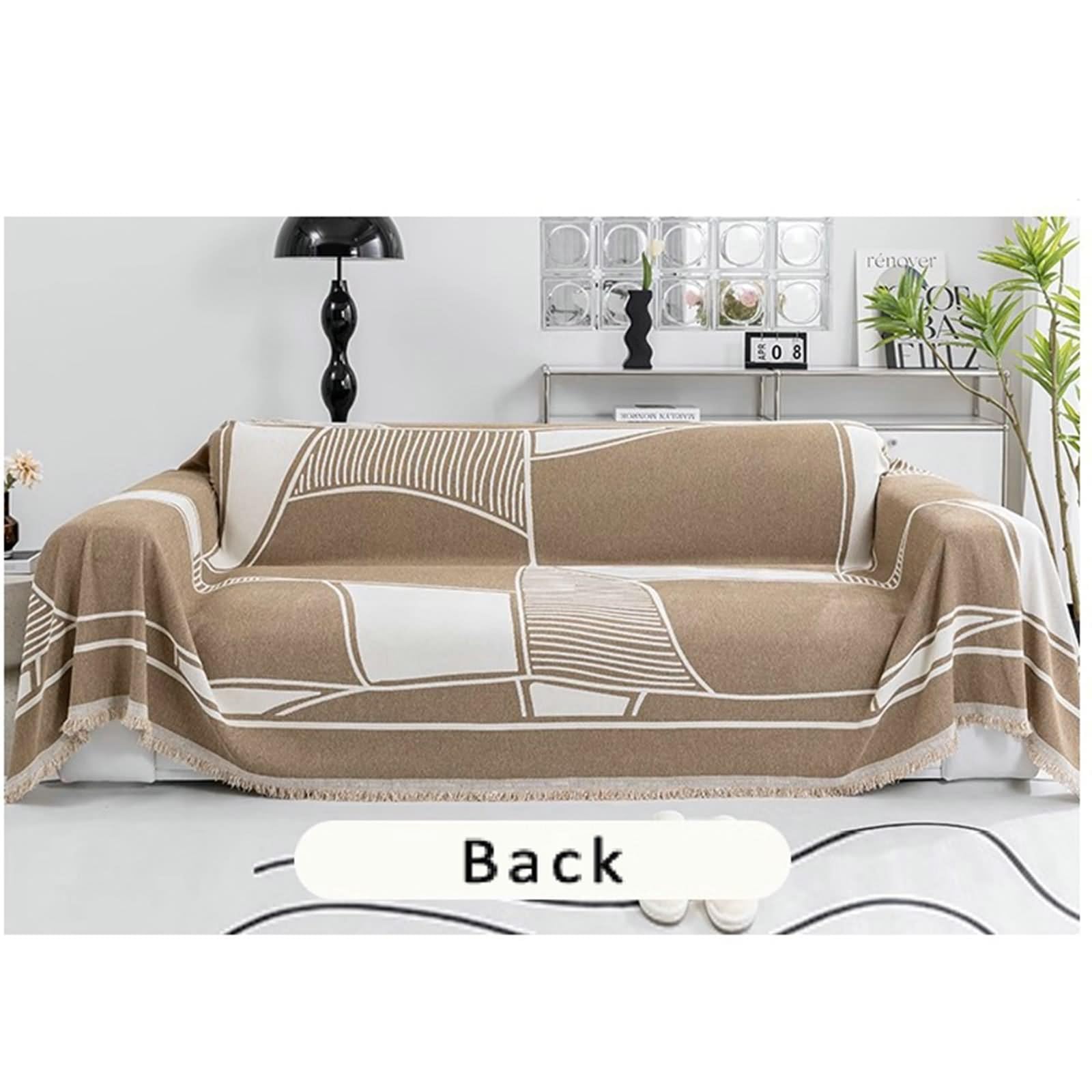 Couvre Canape Grande Taille, Housse de Canapé Blanc Café Motif Géométrique Chenille 3 Places 180x340cm