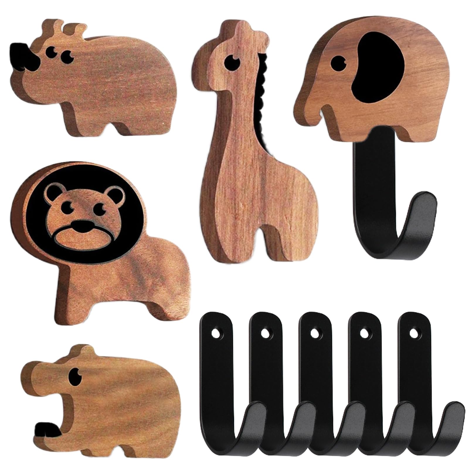 Lot de 5 Crochets à Vêtements en Forme d'Animal : Porte-Manteau pour Enfants en Bois de Noyer, Patère Murale avec Vis pour Chambre à Coucher et Salle de