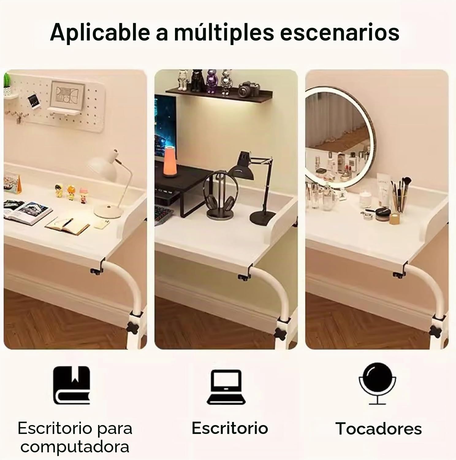Mesa de Sobrecama 4 Ruedas para Bastidor de Cama Tamao Matrimonial/Queen - Funciona como Mesa de Bar, Comedor o Carrito de Computadora - Color Blanco