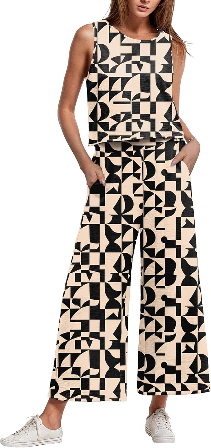 IWOLLENCE Women's Summer 2 Piece Outfits Set Round neck Sleeveless Tank Crop Top Wide Leg pants Set Pockets Jumpsuits
