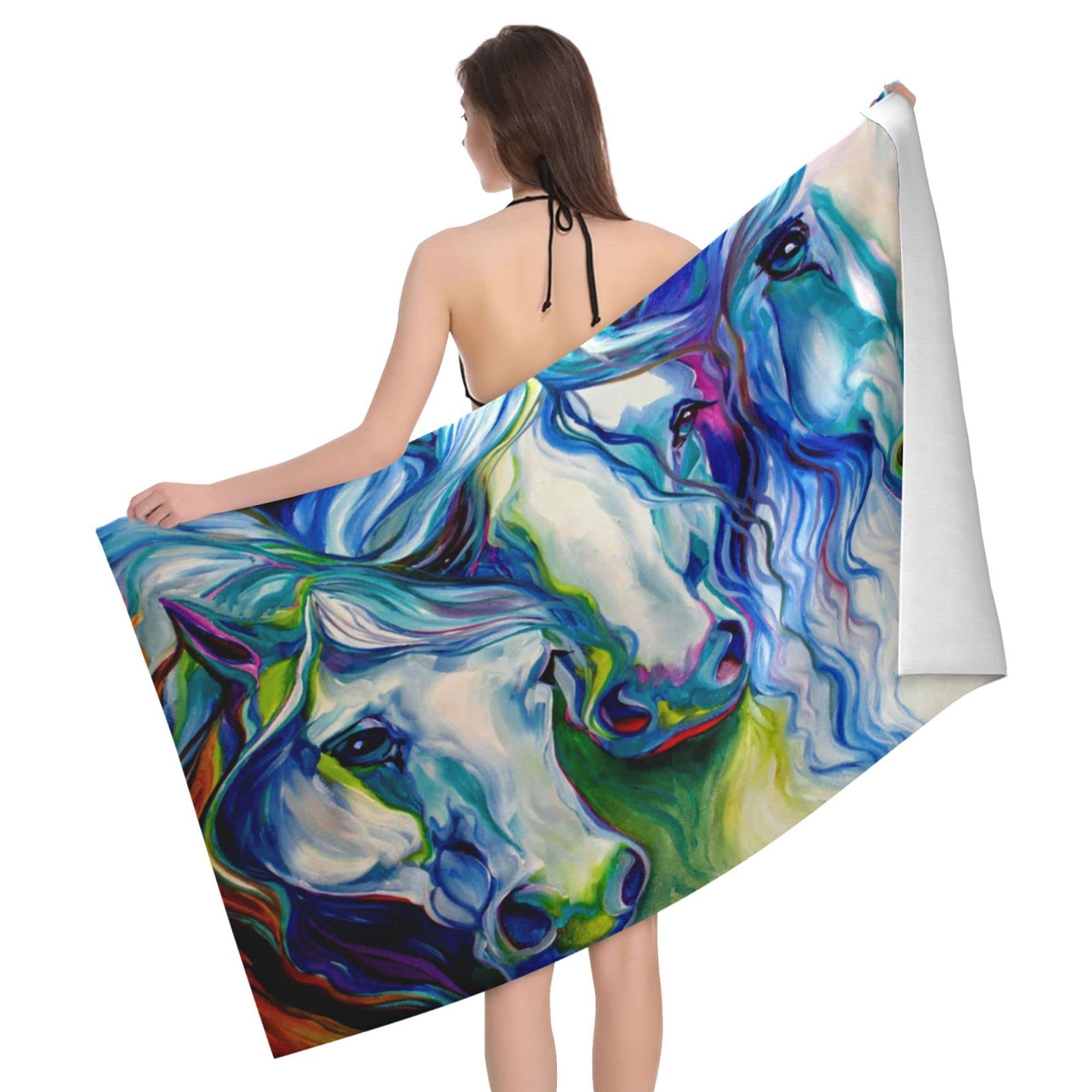 Lawenp Watercolor Horse Beach Towel, Lightweight Sand Free Quick Dry Microfiber Absorbent Bath Towel for Kids, Adults, Swimming, Bath, Yoga, Pool, Travel, Camping 32"X52"