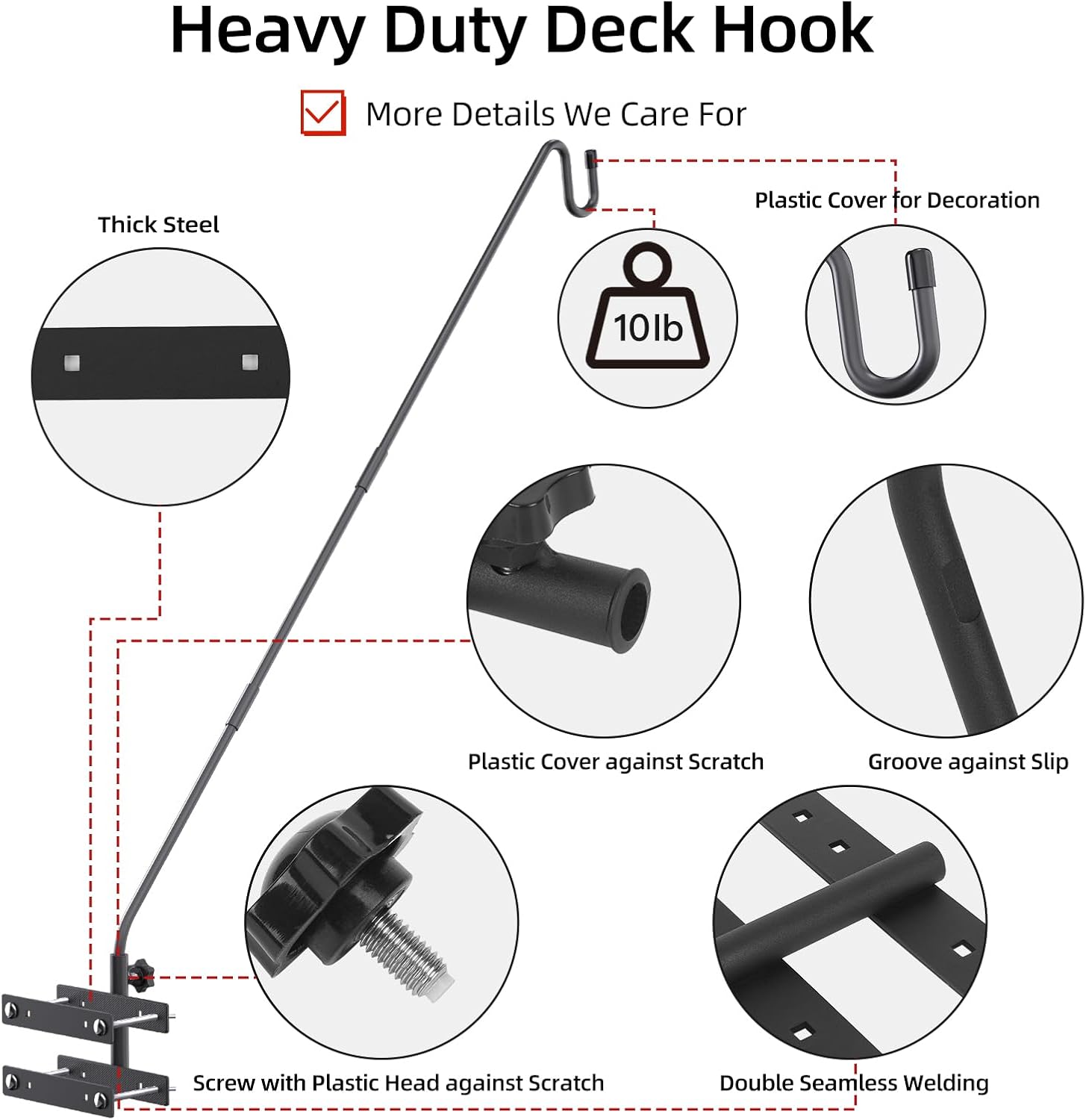 Deck Hook-Deck Railing Plant Hanger Outdoor,Bird Feeder Hanger for Deck Railing W/Double Clamps, Fence Shepherds Hooks Bracket for Hanging Hummingbird Feeder,Planter,Flower Baskets-360°Rotating Pole