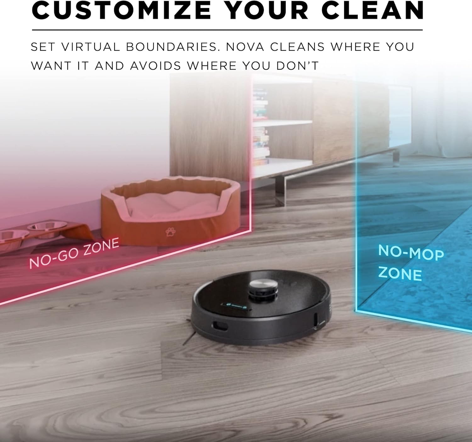 iHome AutoVac Nova robot vacuum avoiding a 'No-Go Zone' around a pet bed and a 'No-Mop Zone' on a carpeted area, as configured in the app.
