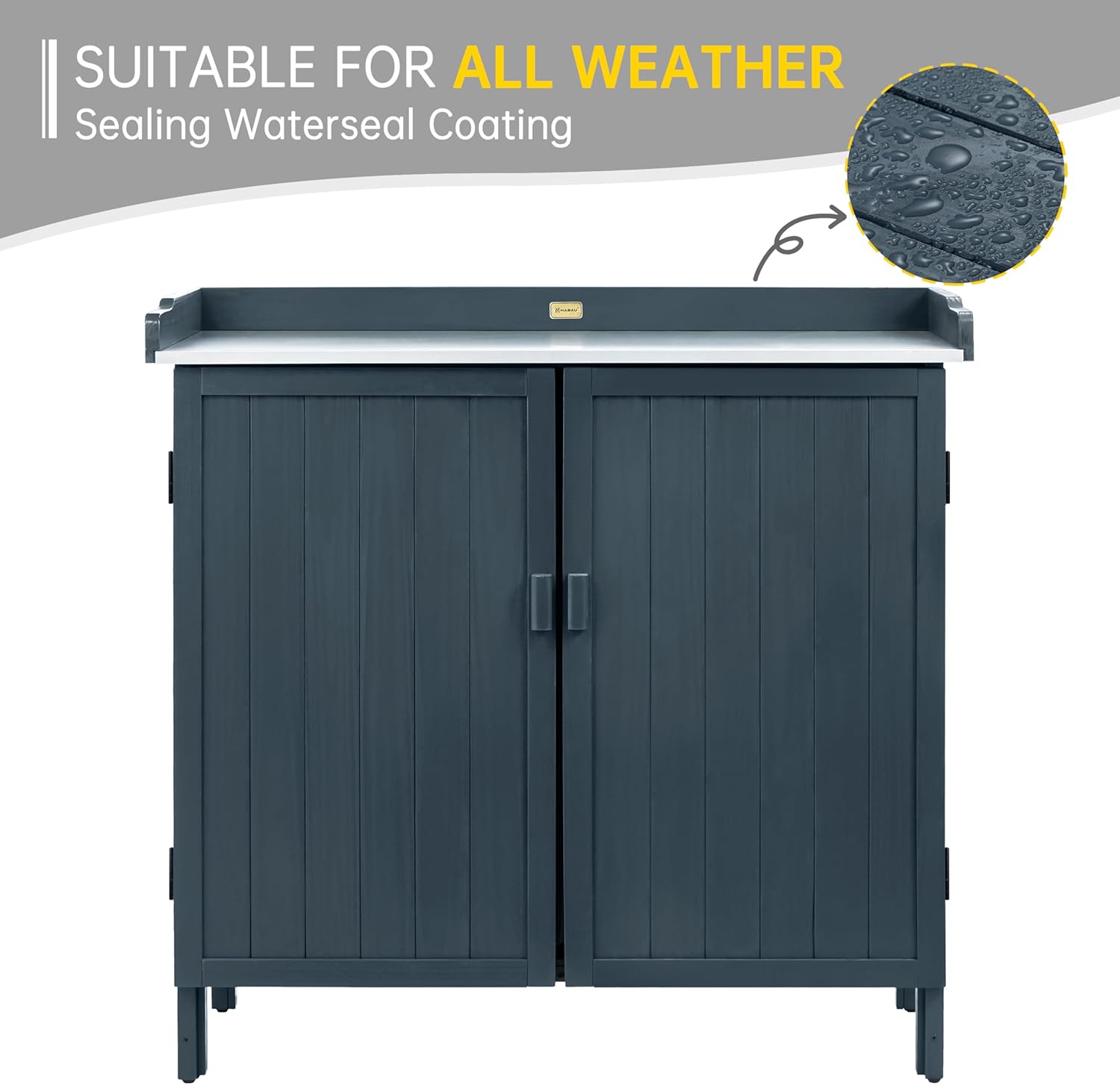 HABAU Outdoor Storage Cabinet with Potting Bench & Metal Tabletop, Wooden Planting Workstation for Garden Patio, Weatherproof