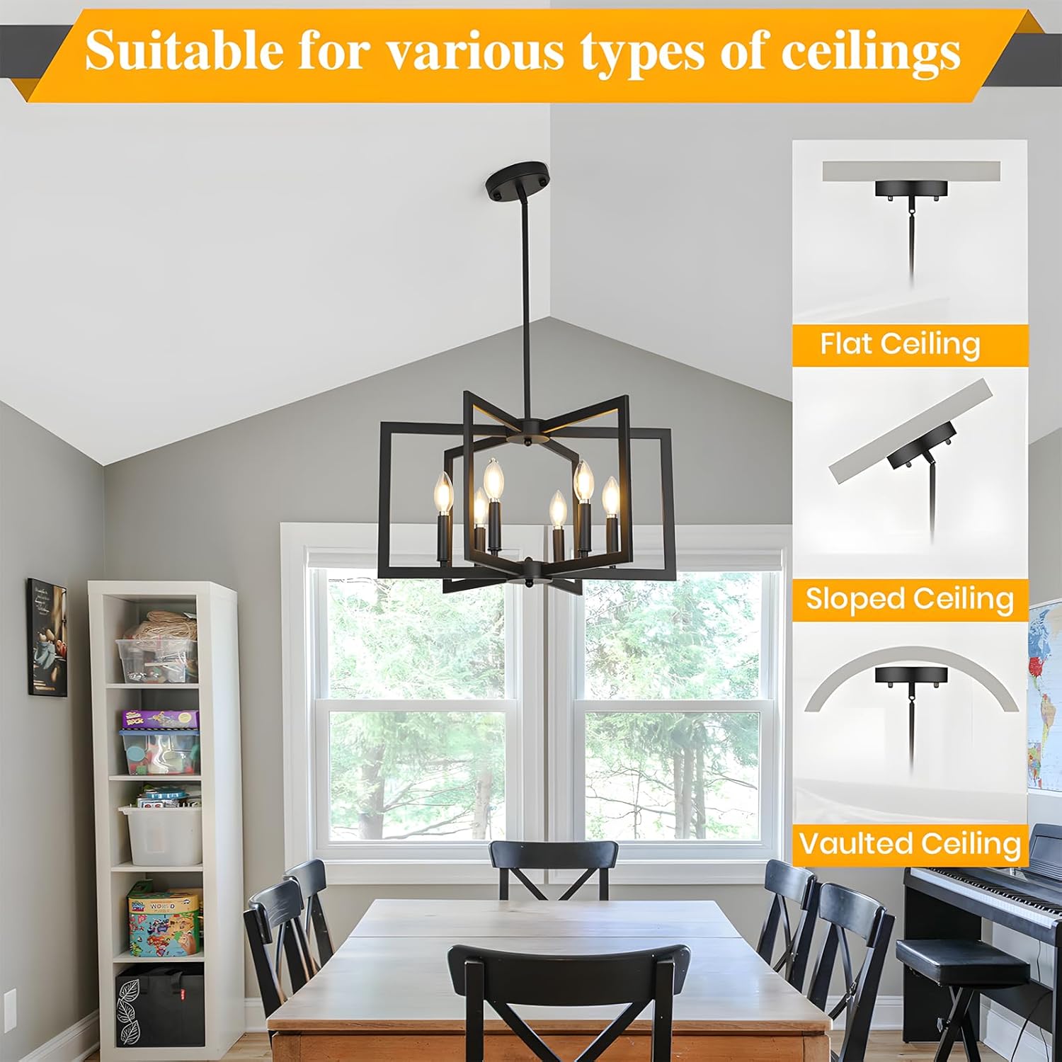 6-Light Black Chandeliers for Dining Room,Modern Farmhouse Chandelier, Pendant Lights Kitchen Island,Geometric Industrial Metal Hang Lighting Fixture for Foyer Entryway Hallway Living Room