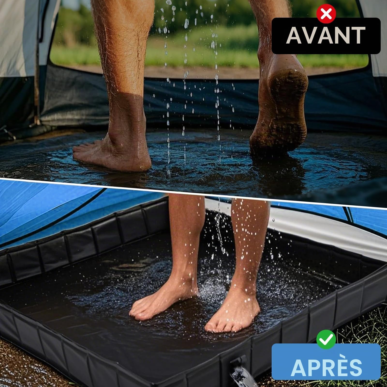 Baignoire pliable de camping 104 x 104 x 13 cm Baignoire portable avec évacuation, base de douche pliable, grande baignoire de tente pour camping-cars, camping, douche de plage et bain pour