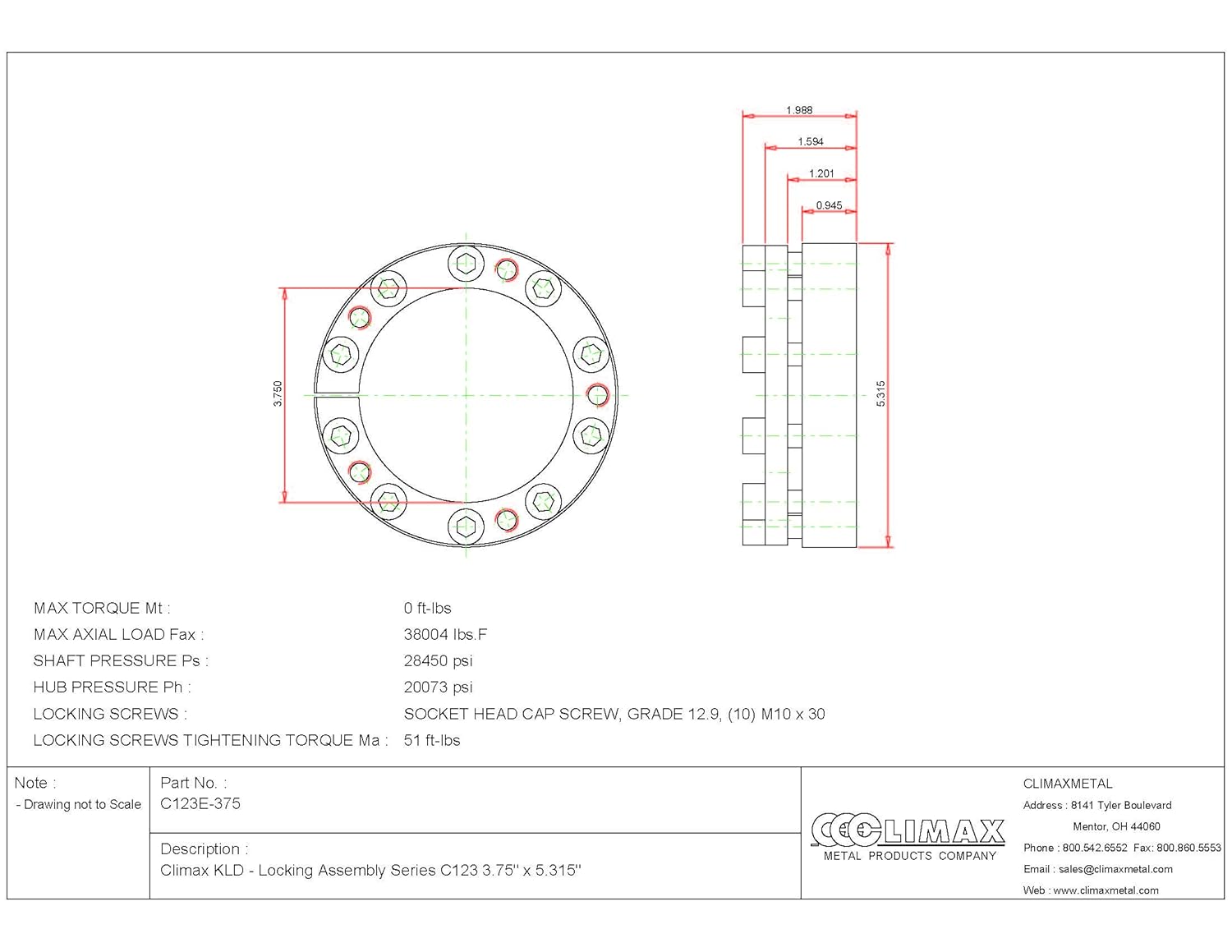 C123E-375 Series 123 Locking Assembly, Steel, 3.75" ID, 1.97" Width, 3-3/4" Shaft Diameter