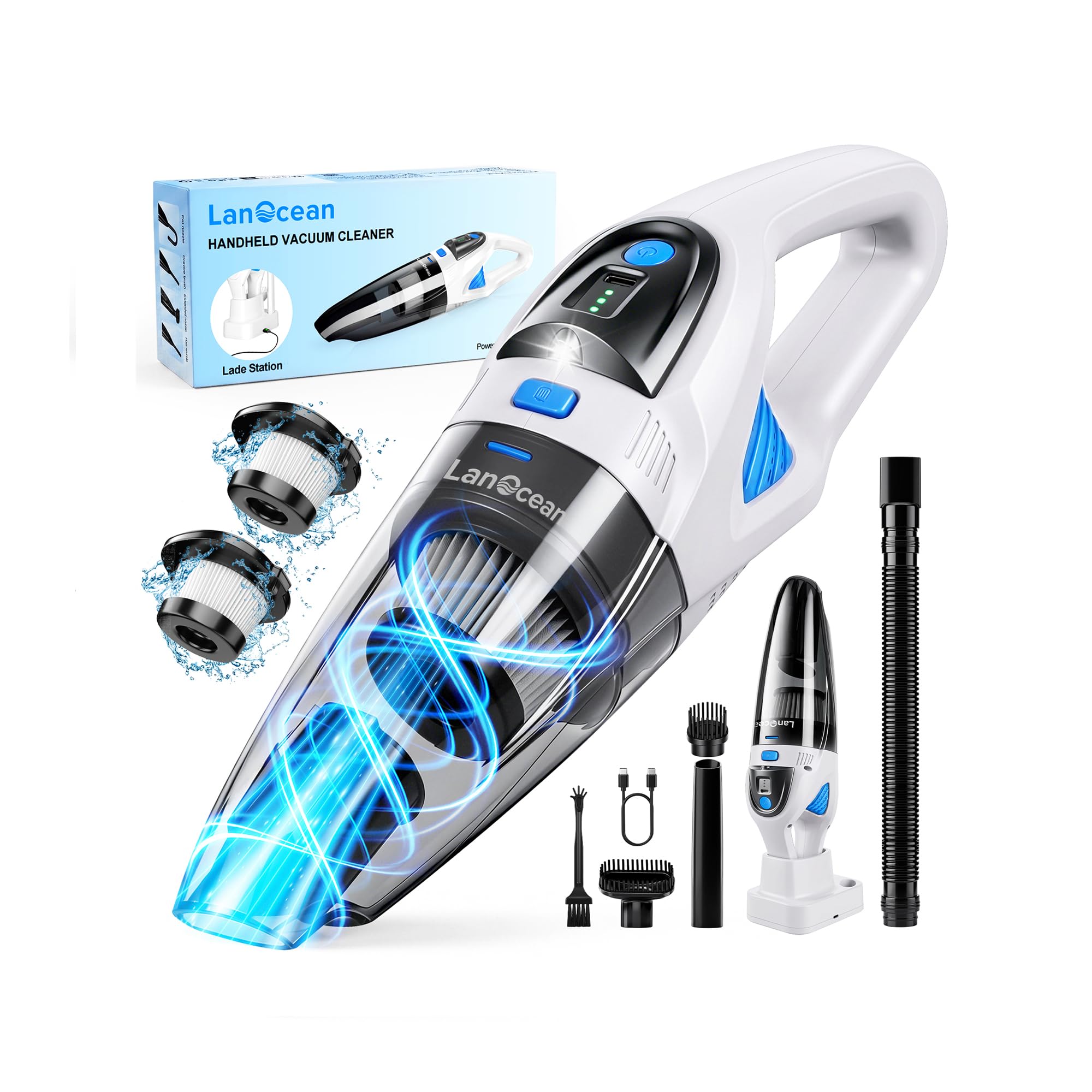 Aspirateur Voiture Puissant avec Station Recharge,25000Pa Aspirateur a Main | Humide&Sec Mini Aspirateur Voiture Sans Fil avec Éclairage LED|2 Filtre, 8000mAh 120W Aspirateur Portable pour Maison Cuisine
