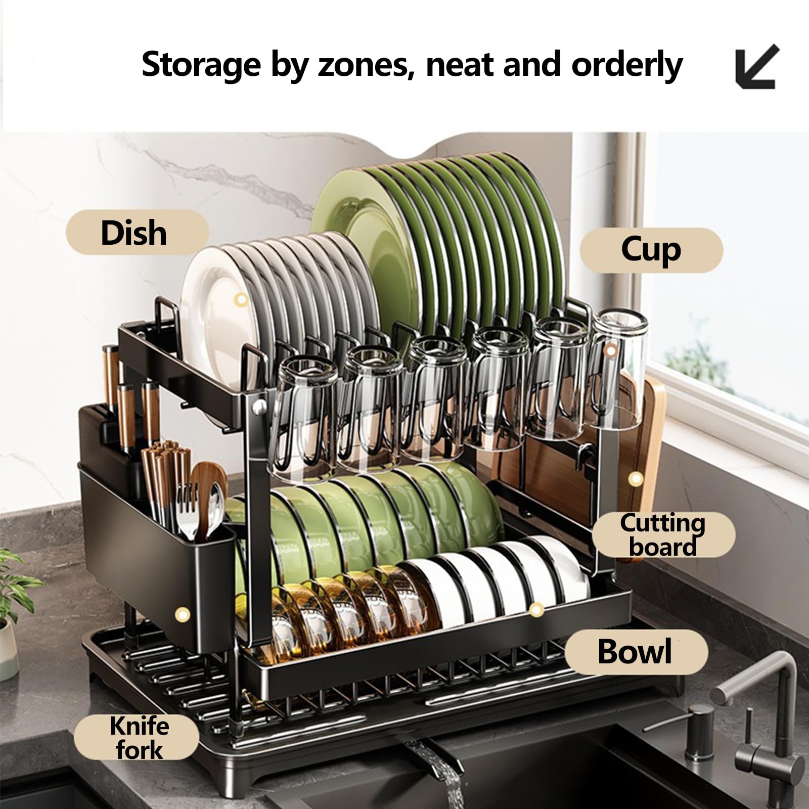 WJWSKI Escurreplatos de 2 niveles para encimera de cocina, estante para platos que ahorra espacio con soporte para utensilios, escurridor de platos de gran capacidad con tabla de drenaje