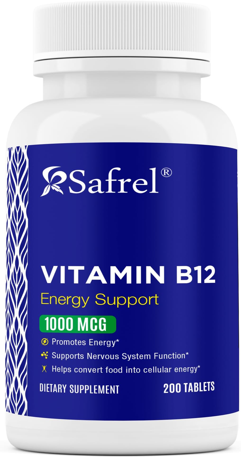 SafrelVitamin B12 1000 mcg per Tablet, 200 Days Supply, Provides Energy, Metabolism and Nervous System Health Support | Vegan, Gluten Free and Dye Free | Made in USA