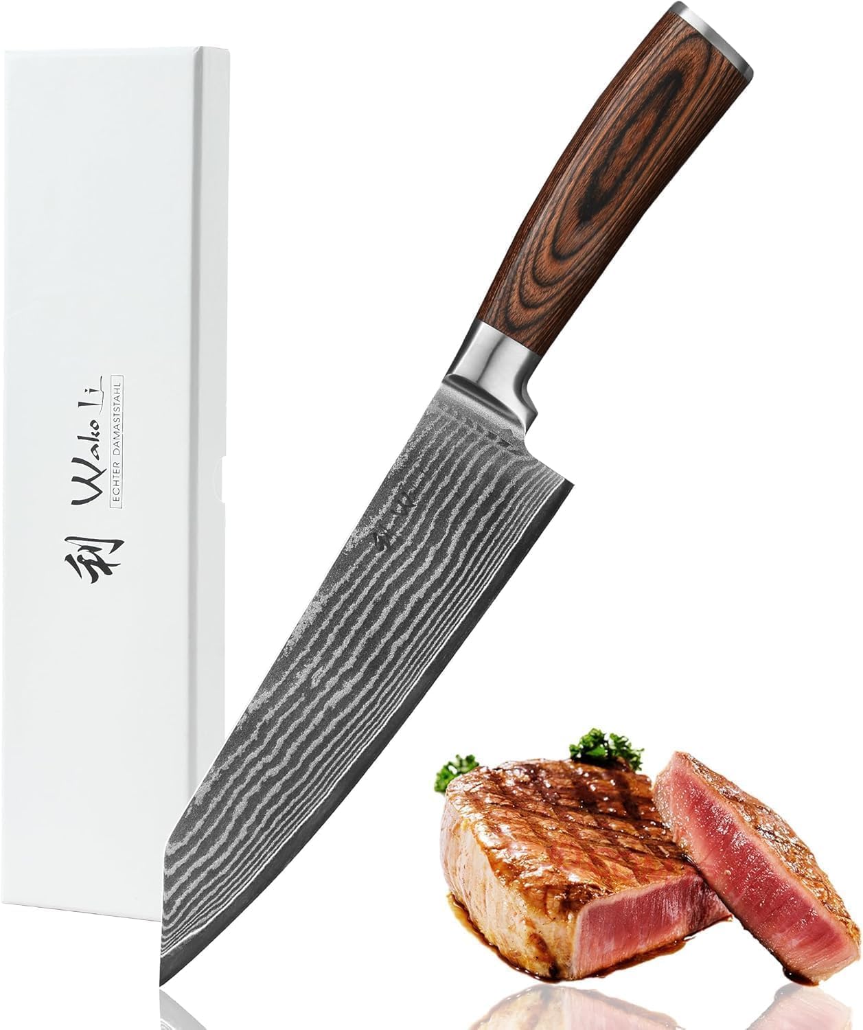 Wakoli EDIB Kiritsuke Messer mit 20 cm Klinge aus Damaststahl mit VG10 Kern | 67 Lagen, 60 ± 2 HRC, 33 cm Gesamtlänge, Pakkaholzgriff und Geschenkbox; beidseitiger V-Schliff für Fleisch, Fisch und Gemüse