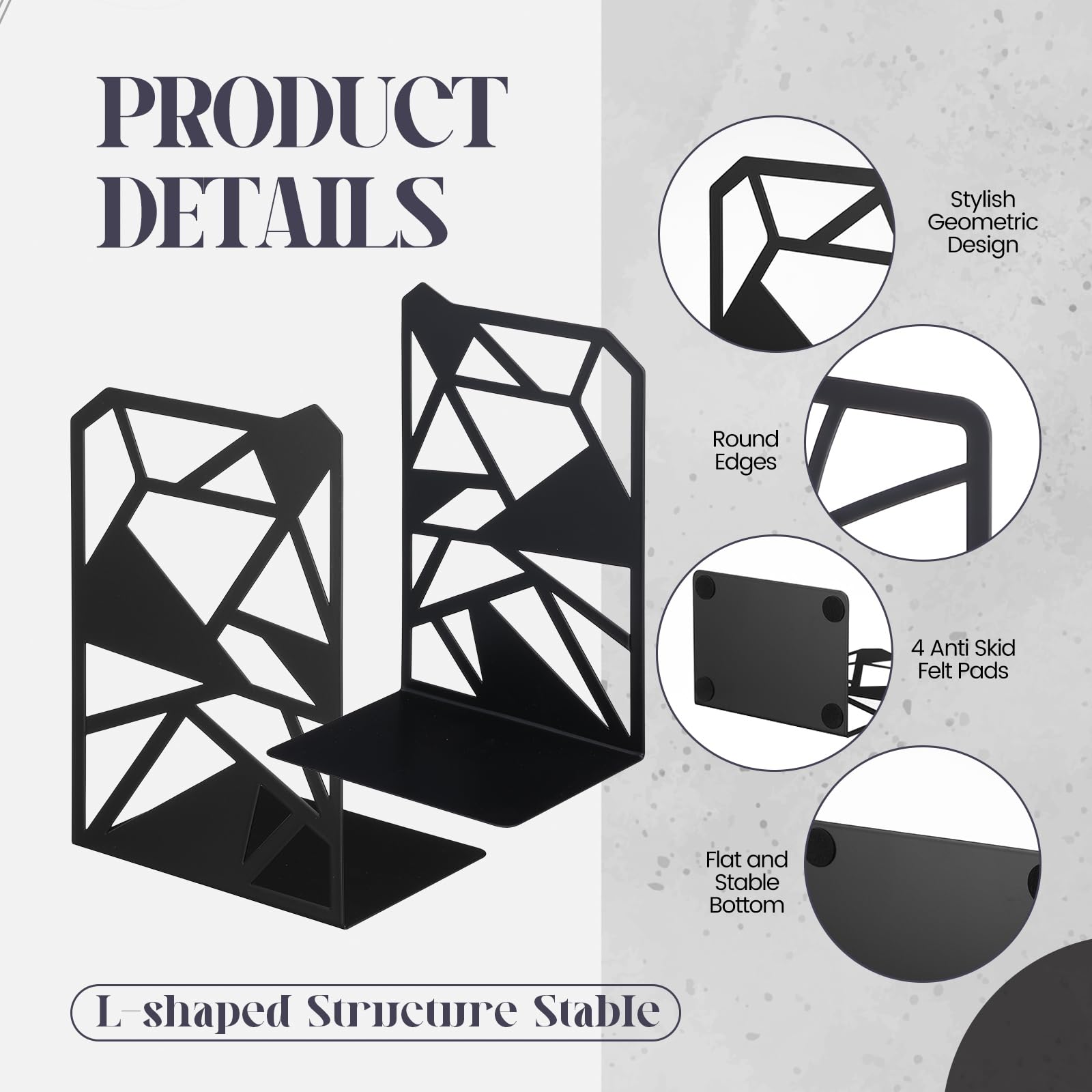 Feifeiya Dekorative Buchstützen aus Metall, robust, für Regale, Büro, Buchstützen, schwarz, rutschfest, 17,5 x 12,4 x 9 cm (geometrisch), 6 Paar