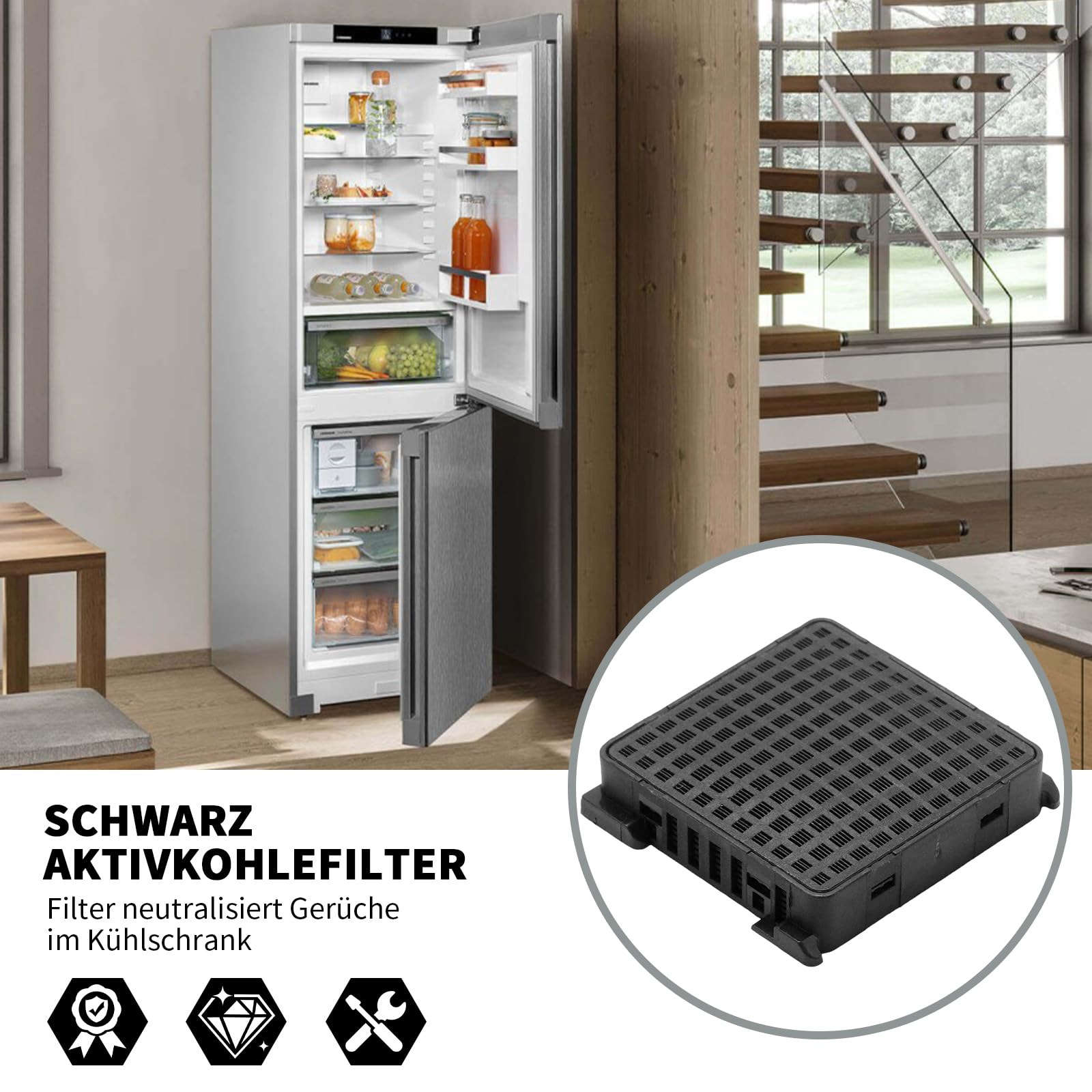 Lot de 4 filtres à charbon actif noirs de rechange pour Liebherr 909698900 Liebherr 988242900 988246000 7440021-00