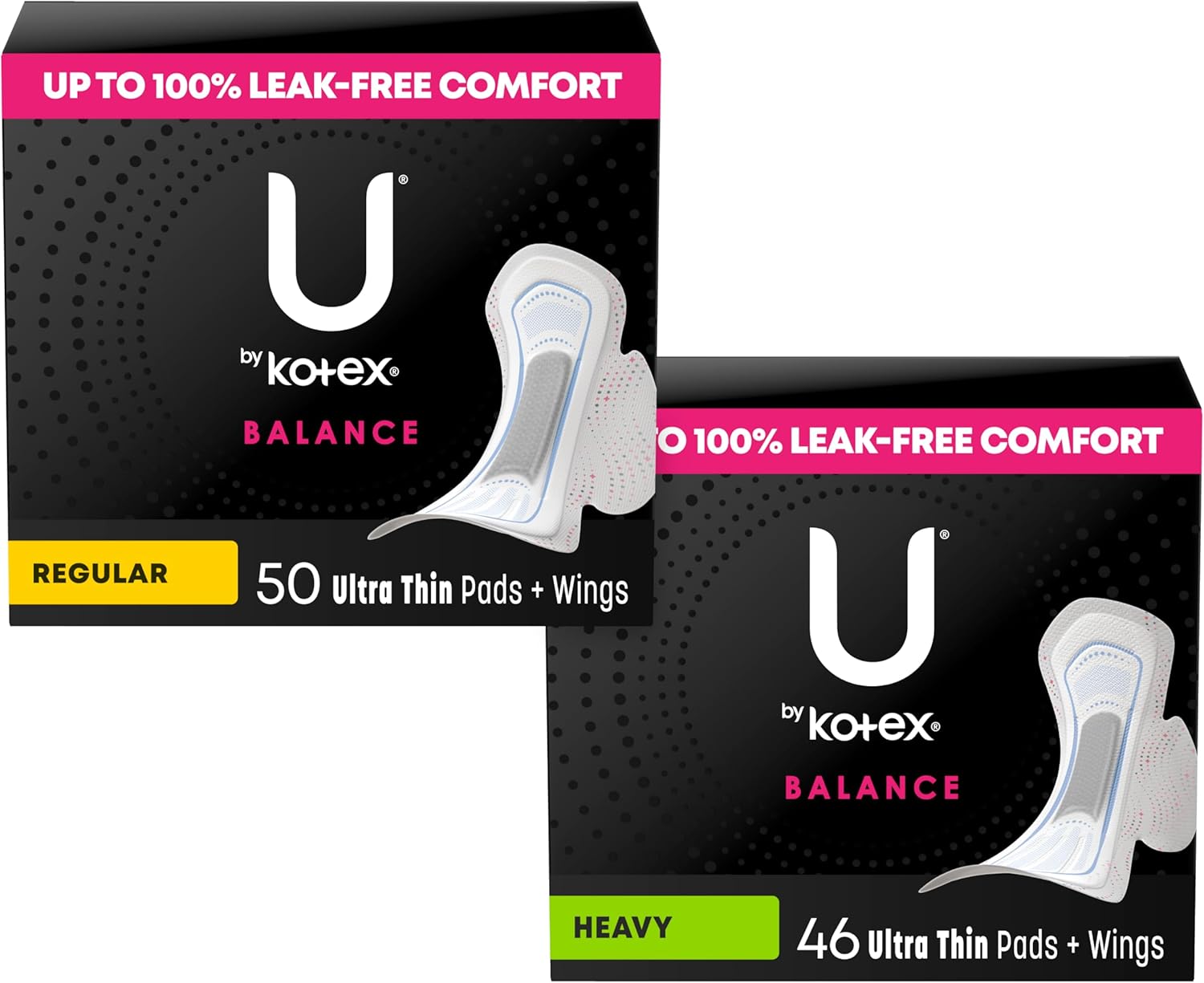 U by Kotex Balance Bundle: Ultra Thin Pads with Wings, Regular Absorbency, 50 Count & Ultra Thin Pads with Wings, Heavy Absorbency, 46 Count (Packaging May Vary)