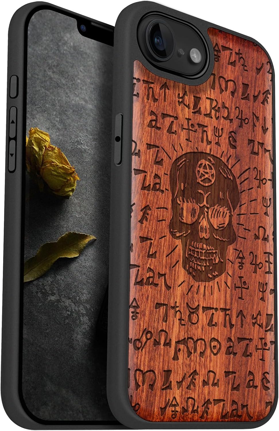 Carveit Magnetic Wooden Case for iPhone 16e / 17e, Solid Wood & Black TPU, Artisan Engraved Design, Shockproof Cover, Compatible with MagSafe Wireless Chargers, Mystic Snake & Spells - Rosy