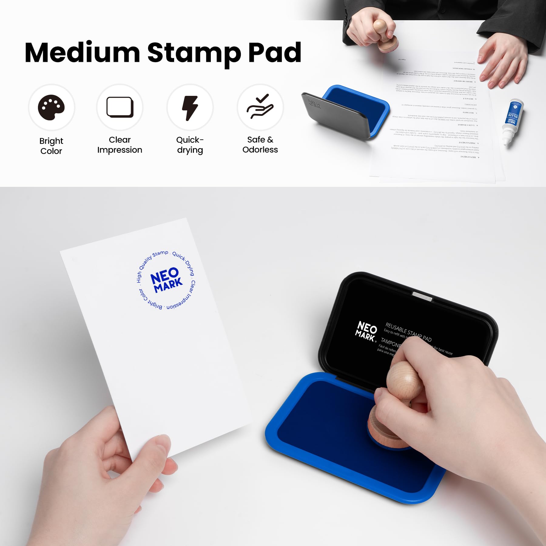NEO MARK Medium Stamp Pad Kit (1oz Ink Included)-2.8"x 4.3", Magnetic Lid, Premium Quality Felt Stamp Pad (Blue) - Image 2