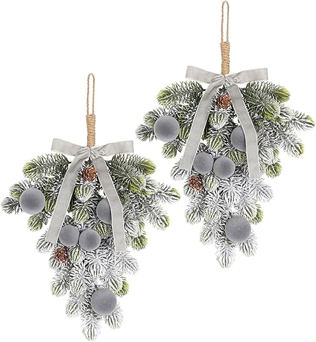 Miniatura 14 de Super Holiday Adornos de Navidad con Flocos, 2 piezas de coronas de arco de terciopelo beige artificial para colgar en la puerta delantera, para