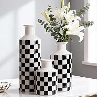 Black and White Ceramic Vase Set 3,Mid Century Modern Checkered Small Vases for Flower&Pampas Grass Centerpiece,Checkered Porcelain Vase for Dining Table Kitchen Tabletop Minimalist Decorative (Black)