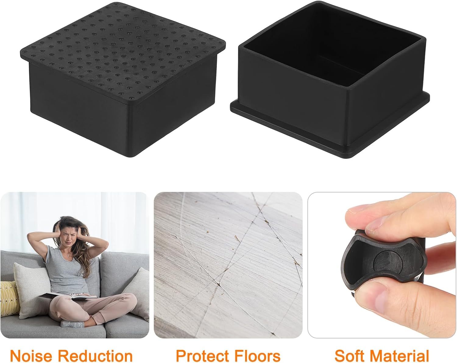 2Pcs PVC Square Chair Leg Caps, 60mm x 60mm OD Black Furniture Feet Pads Table Foot Cover Caps Floor Protectors for Patio Table Cabinet Bed Furniture