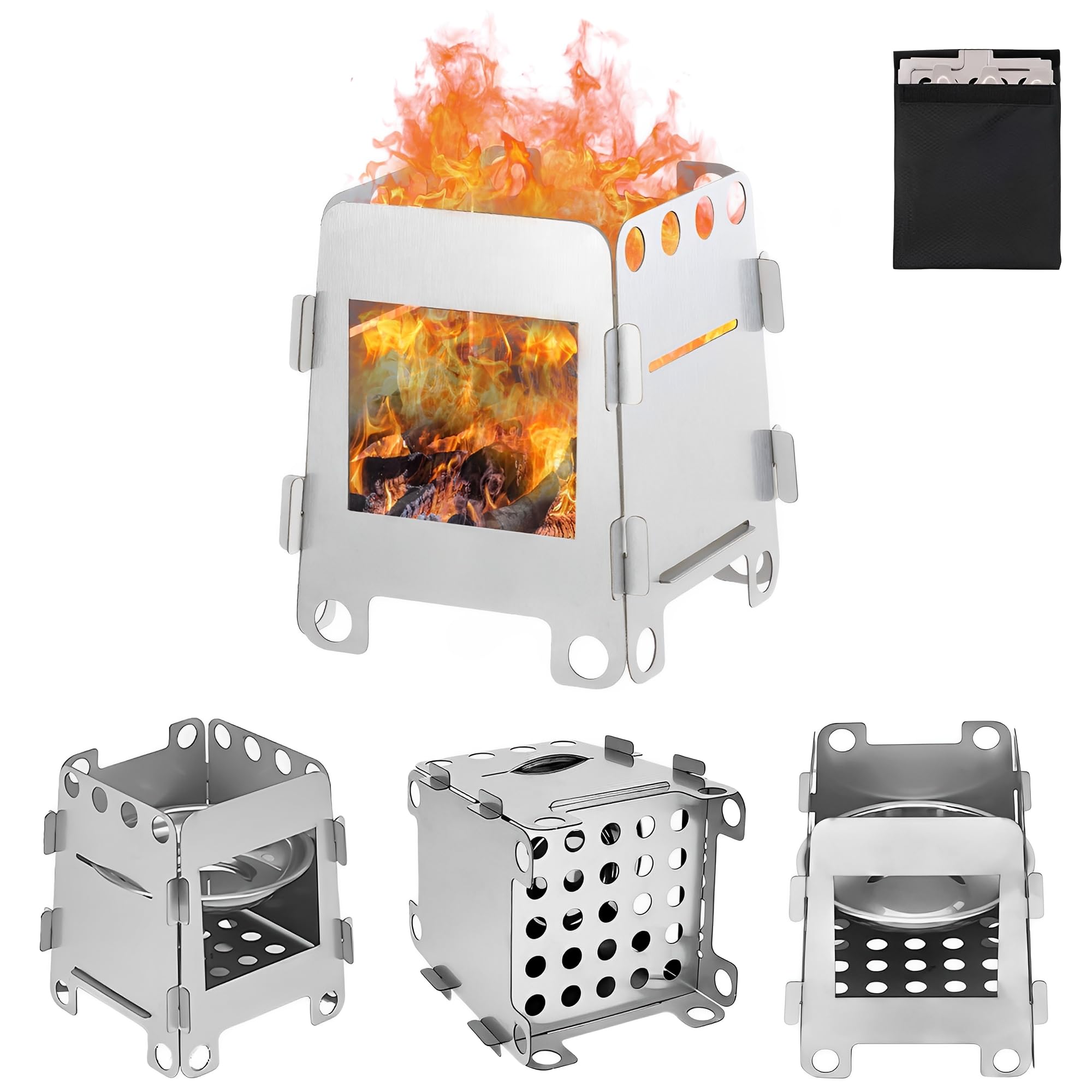 Petit Poele a Bois (Avec Plateau D'alcool), Poele Portable Amovible, Pique-nique Extérieur Multifonctionnel, Réchauds de Camping, Poêle Acier Inoxydablex, Cuisinière Camping Extérieure