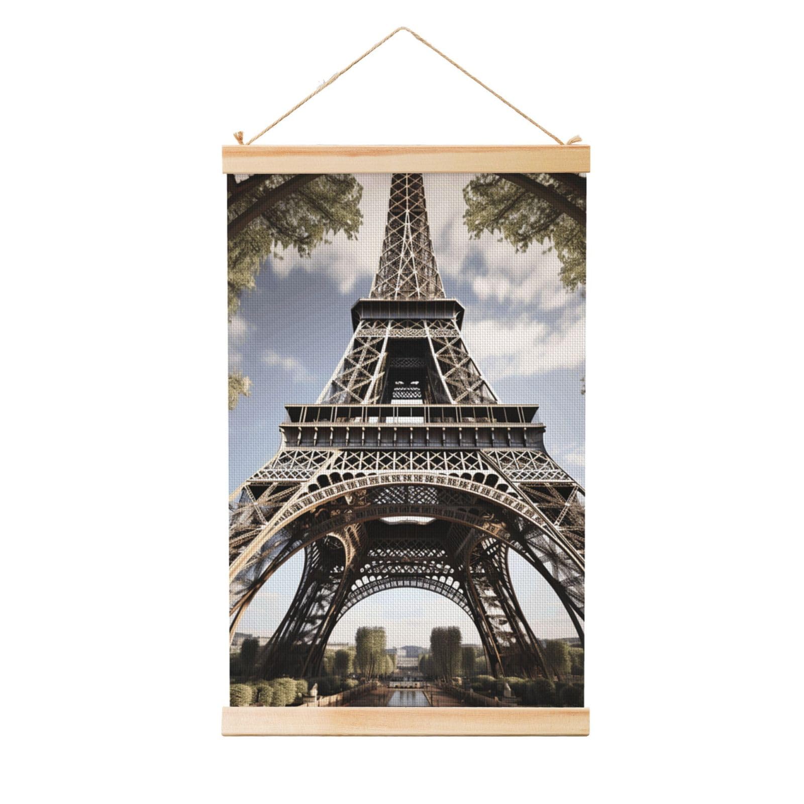 Eiffel Tower French Paris Monument Poster Wooden Shaft Hanging Poster Wall Hanging Banner Canvas Artwork with Wood Frames 36"x24" Modern Artwork Decor Ready to Hang Wall Art for Home Decor Scroll