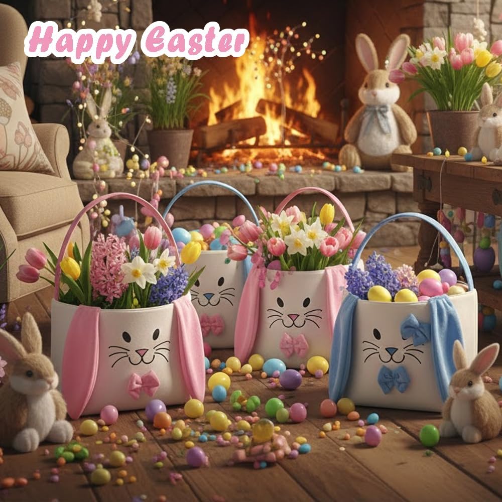 2 Packs Easter Baskets, Easter Bunny Baskets with Handle Gift Baskets Tote Bags Cute Egg Hunt Buckets for Easter Eggs Hunt, Easter Party Favor(No Easter Eggs)