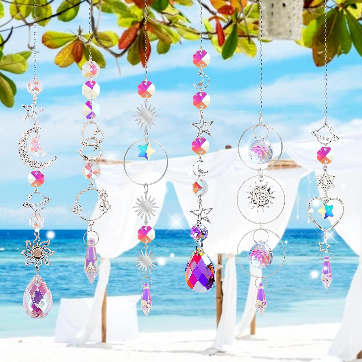 WIOR Crystal Suncatchers, 6 Pieces Sun Catchers, Colorful Crystals Suncatcher Hanging Sun Catcher with Chain Suncatchers Kit for Car Home Garden Christmas Day Party Wedding Decoration Gift