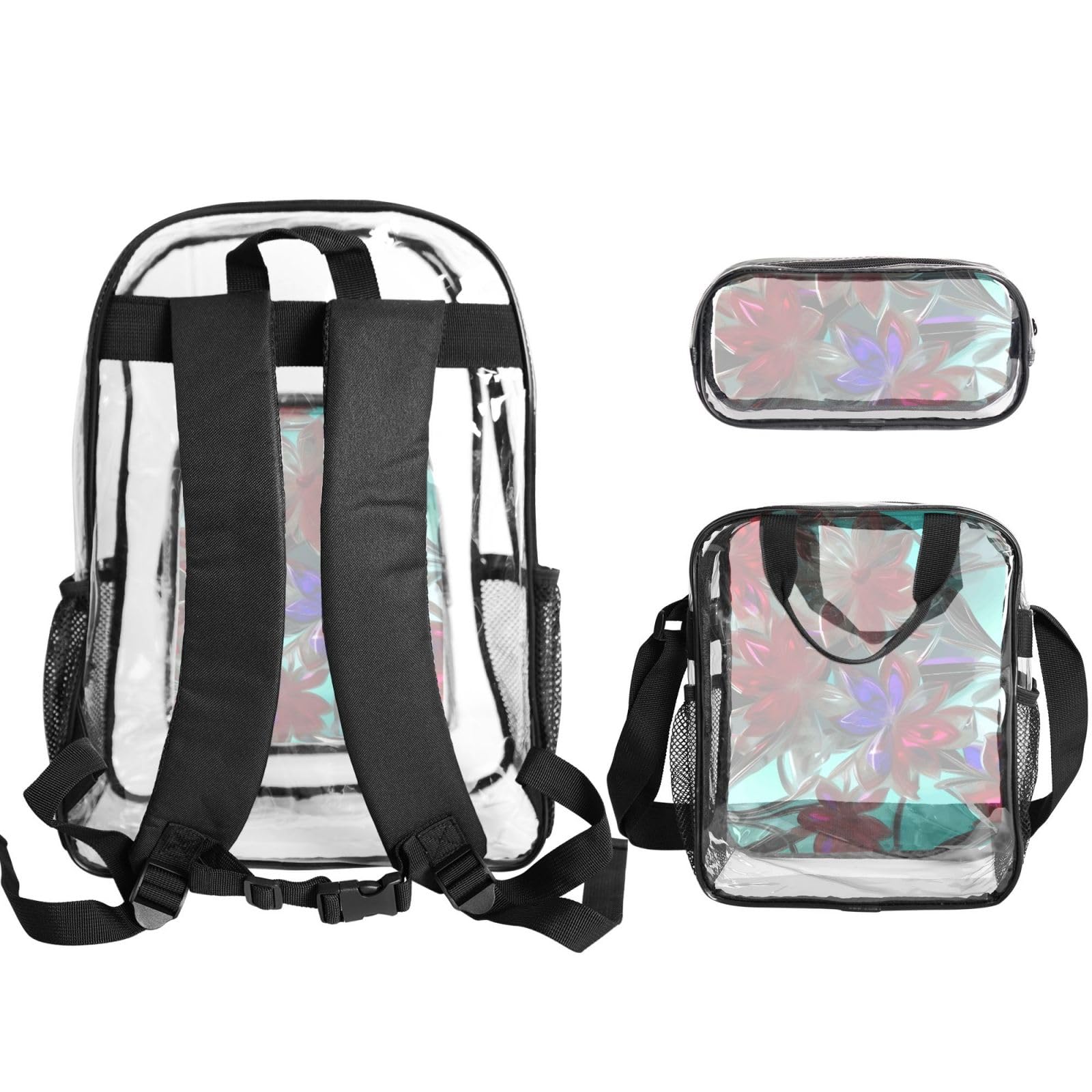 Ensemble de 3 sacs à dos transparents pour l'école, les voyages, les activités en plein air - Motif vitraux - Unisexe