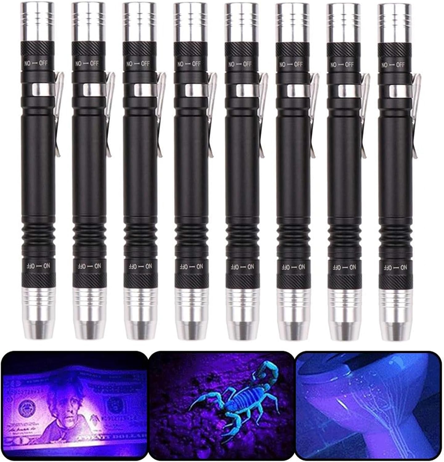 MODOAO LED Light Blacklight flashlights 2 in 1 Flashlight Penlight Pen Clip Torch Blacklight Detector for 3 AAA Batteries (8 Pack)