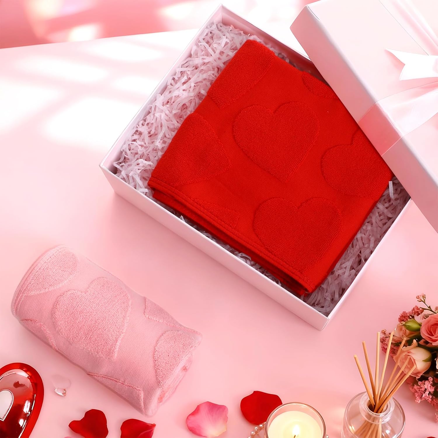 Tiamon 2 Pcs Valentines Bathroom Towels Cotton Red Pink Heart Hand Towels Valentines Day Decor for Valentine's Wedding Bathroom Kitchen Dish Drying Cleaning Cooking, 13.8 x 29.5 Inch(Heart) - Image 4