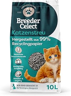 Breeder Celect Natürliches Katzenstreu (10L) - 99% Recyclingpapier, Saugfähige Katzenstreu Pellets, Optimale Geruchskontrolle, Nicht klumpend, Biologisch abbaubar & Kompostierbar product image
