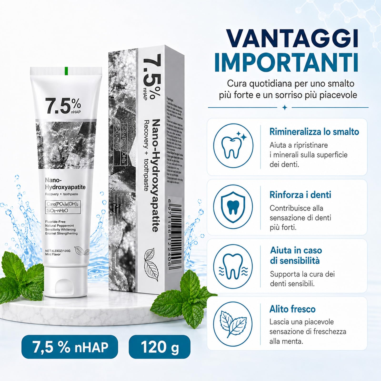Holydeer Dentifricio Originale con 7,5% Nano-Idrossiapatite (3) | Formula senza fluoro al gusto di menta per una pulizia delicata e una piacevole freschezza quotidiana
