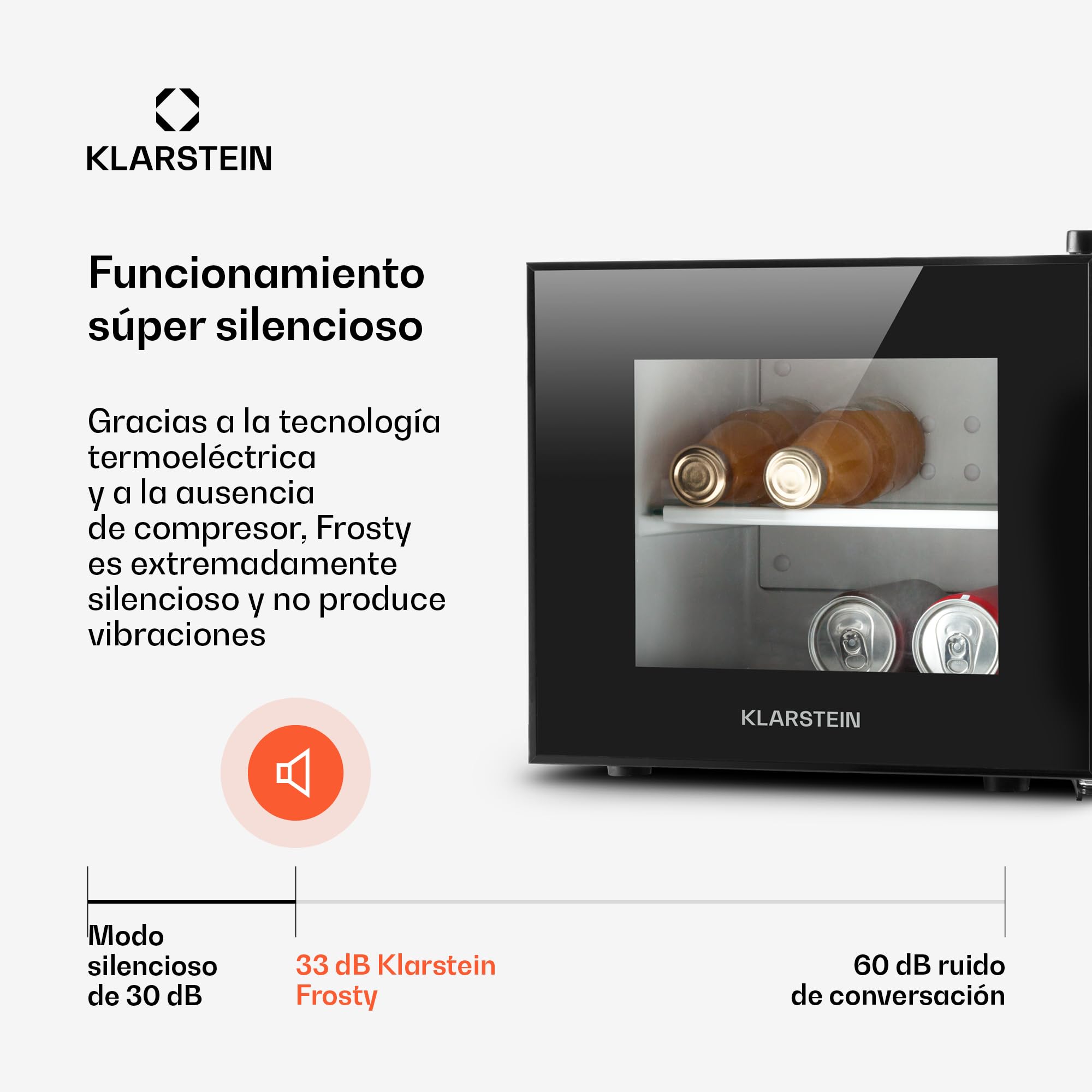 KLARSTEIN Frosty Nevera Mini - Frigorífico de bebidas, 10 litros, 65W, Puerta de cristal, Doble aislamiento, Baja contaminación acústica, Diseño compacto, Estantes extraíbles, Clase B, Negro