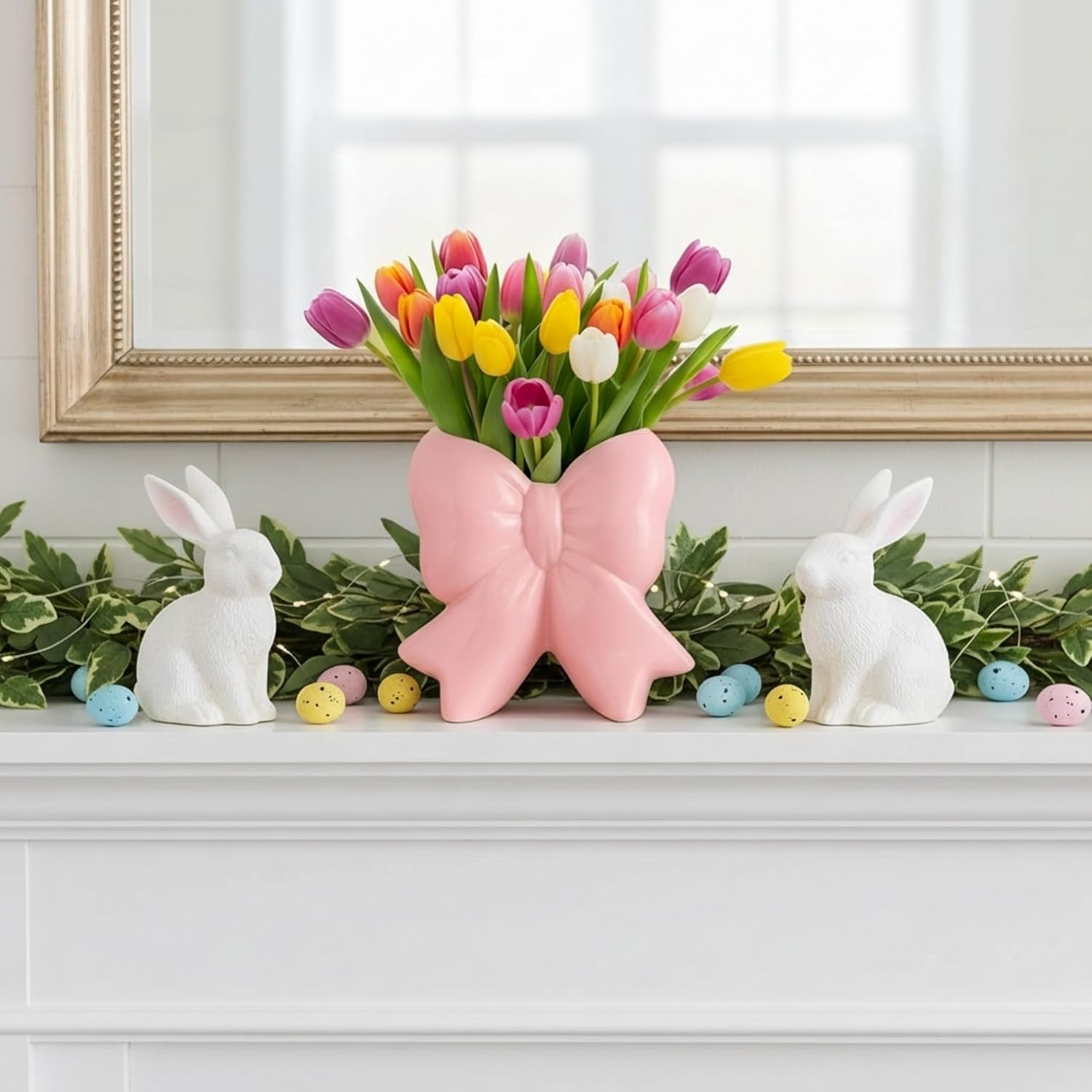 Jingmore Pink Bow Vase Coquette Ceramic Vase for Wedding Pen Holder Makeup Brush Holder Contemporary Design Decorative Women Gift for Home Office Shelf Table Room(Large, Classic)
