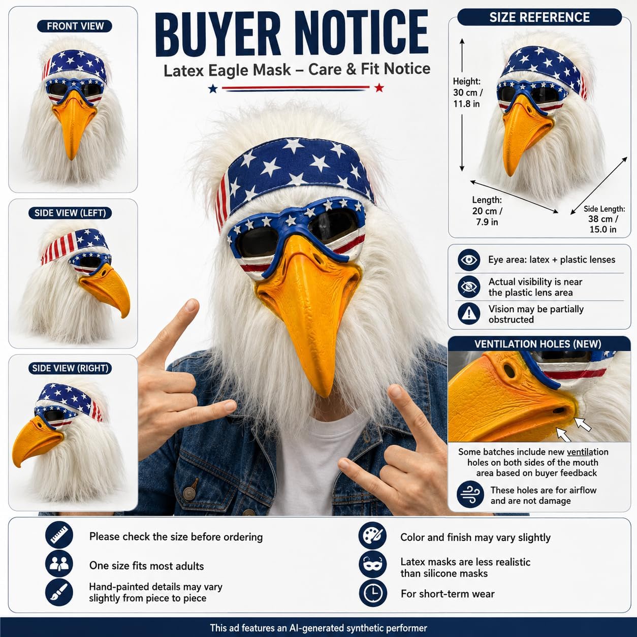 Bald Eagle Mask with Flag Bandana Animal Furry Headpiece Latex Bird Masks Costume Accessory for Adults 4th of July Halloween Cosplay Props