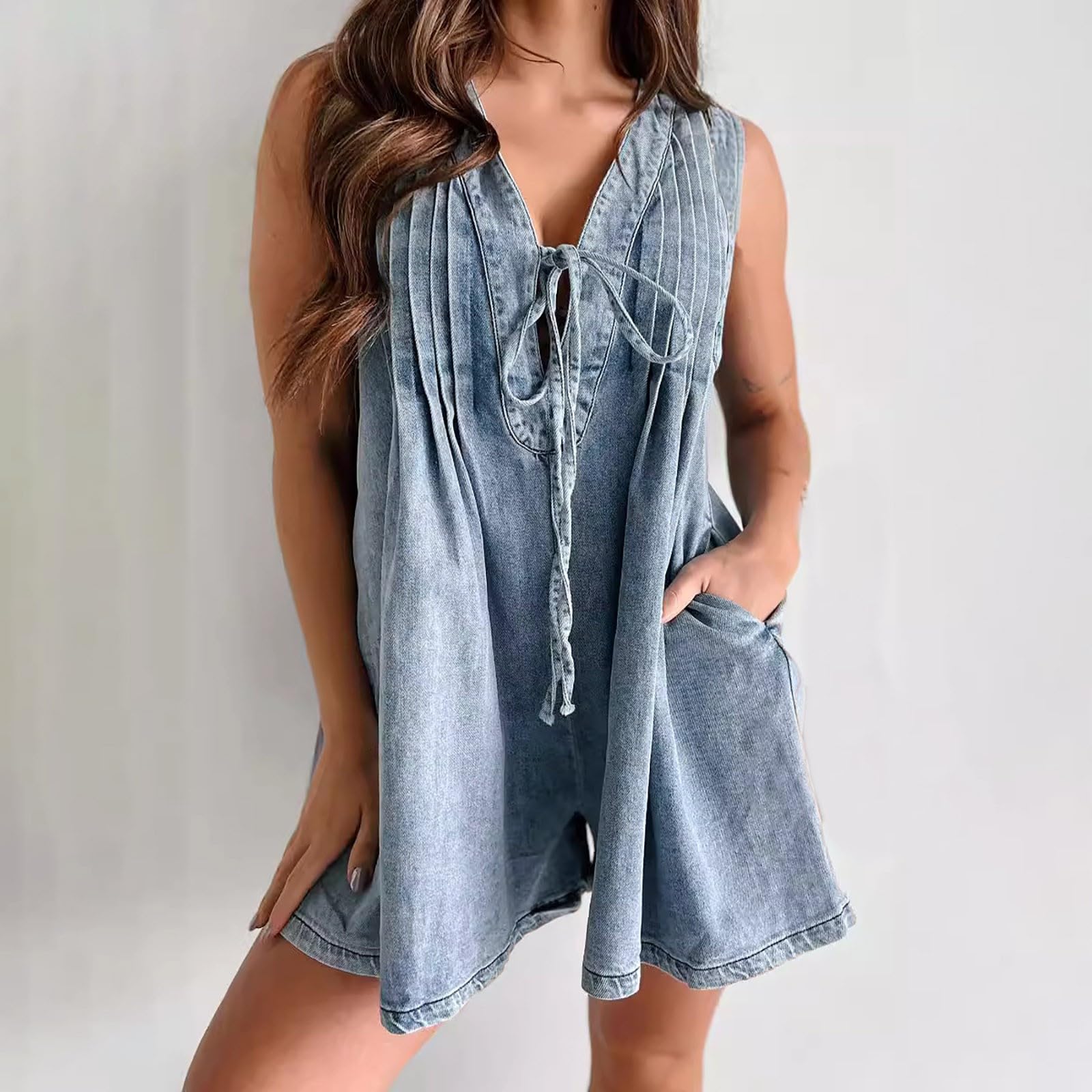 Generisch Mujer Casual Sin Mangas Corbata Delantera Denim Romper Mono Pantalones Cortos Jean Con Bolsillo