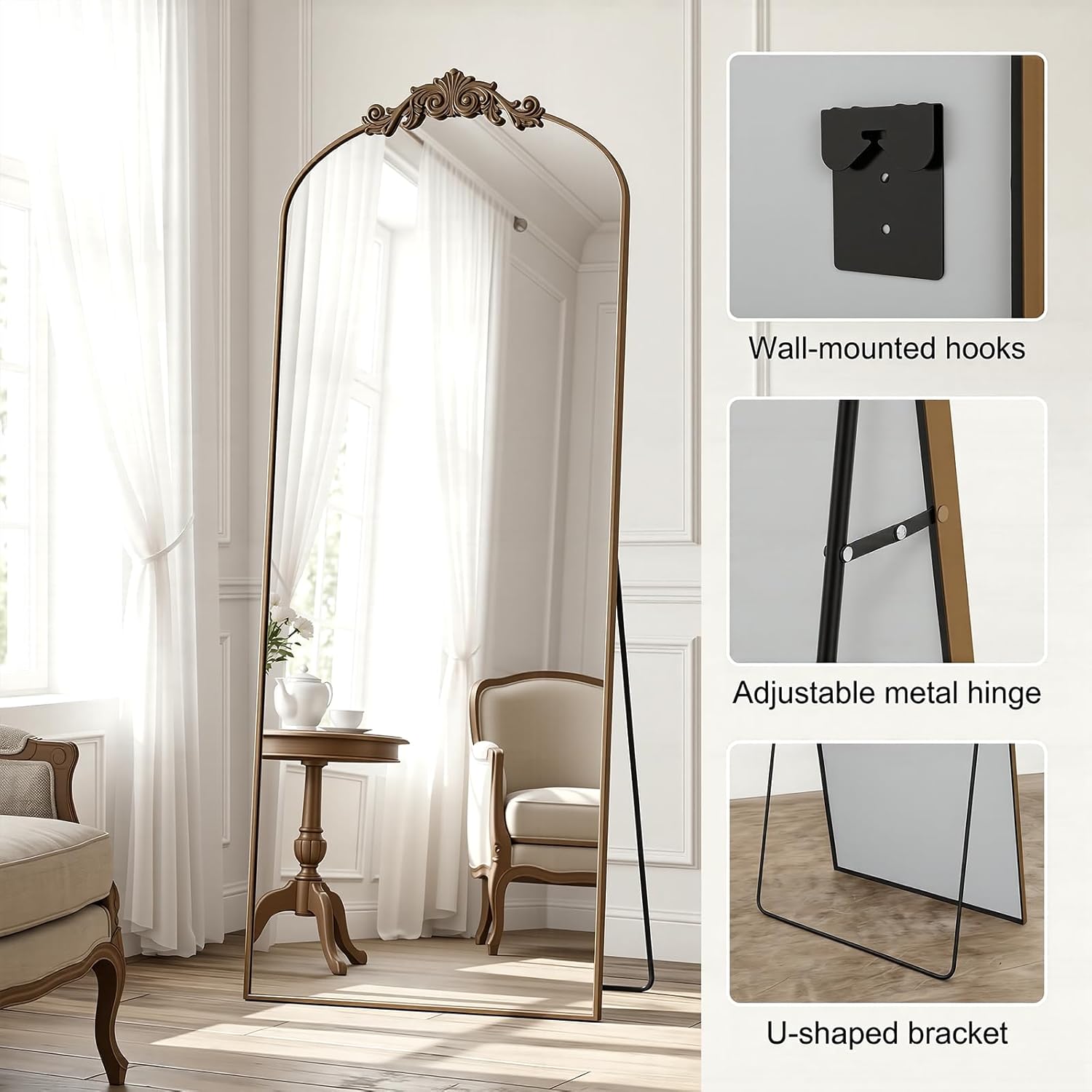 Antok Arched Full Length Mirror, 64"x21" Floor Mirror with Carved, Full Body Mirrors for HomeDecor, Standing/Halling Large Wall Mirror for Bedroom, Living Room, Cloakroom, Bronze, Vintage Style