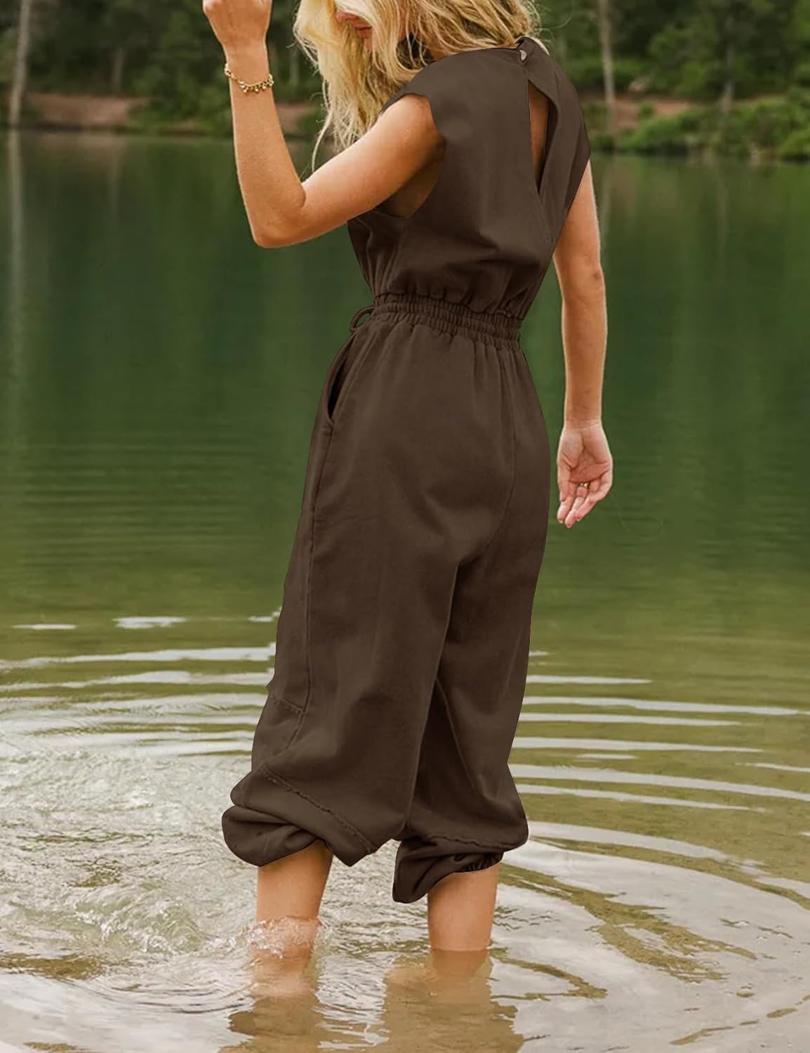 Flygo Womens Casual Jumpsuit Crewneck Cap Sleeve Long Wide Leg Pants One Piece Outfits Drawstring Romper with Pockets - Image 5