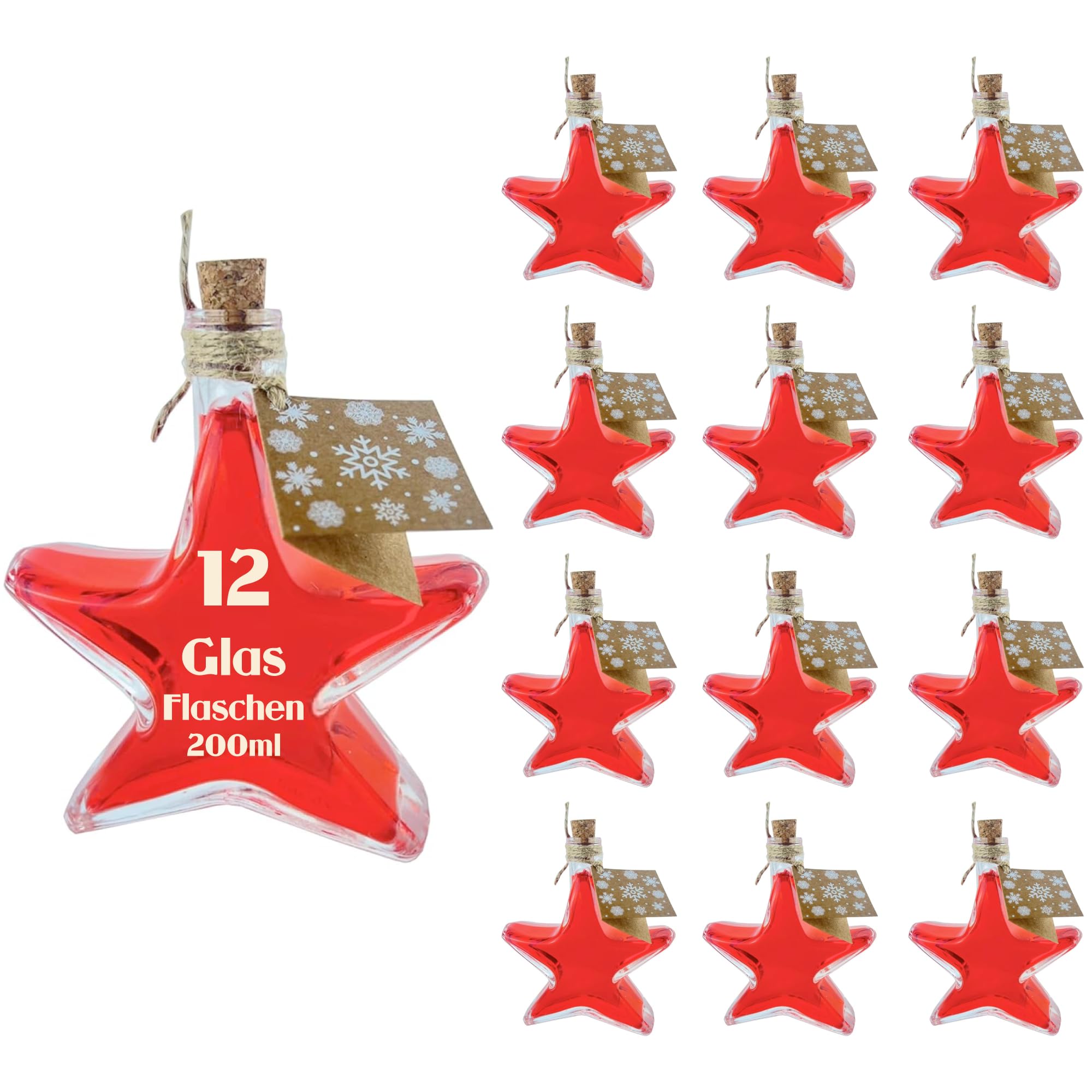 Lot de 12 bouteilles en verre en forme d'étoile de 200 ml - Bouteilles de liqueur - Bouteilles d'alcool - Bouteilles de Noël (12 x 200 ml - Tout inclus)