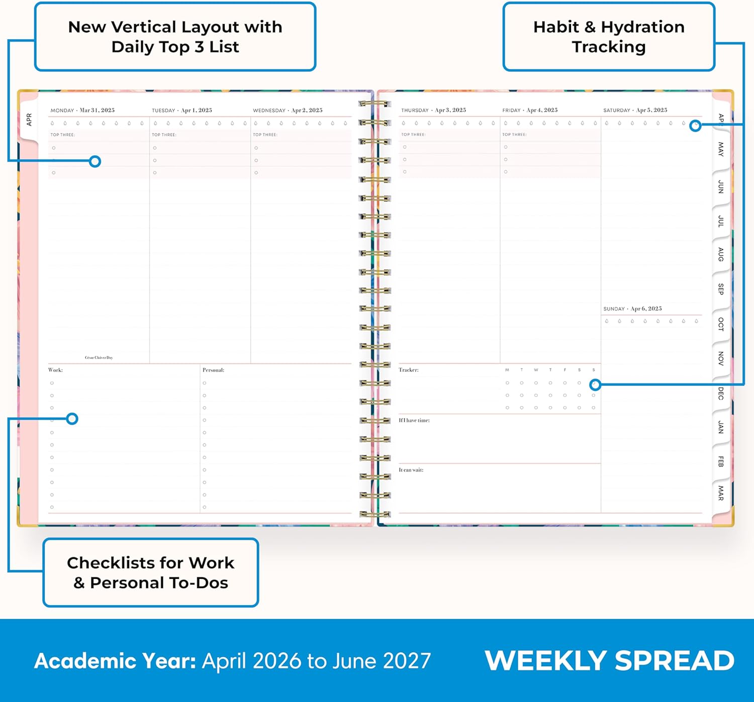 Blue Sky 15 Month 2026-2027 Weekly and Monthly Academic Year Planner Calendar, April 2026 - June 2027, 8.5" x 11", Hard Cover, Wirebound, Laminated Tabs, Storage Pocket, Includes Snap-in Ruler w/Sticky Notes & Sticker Sheet, Nerina