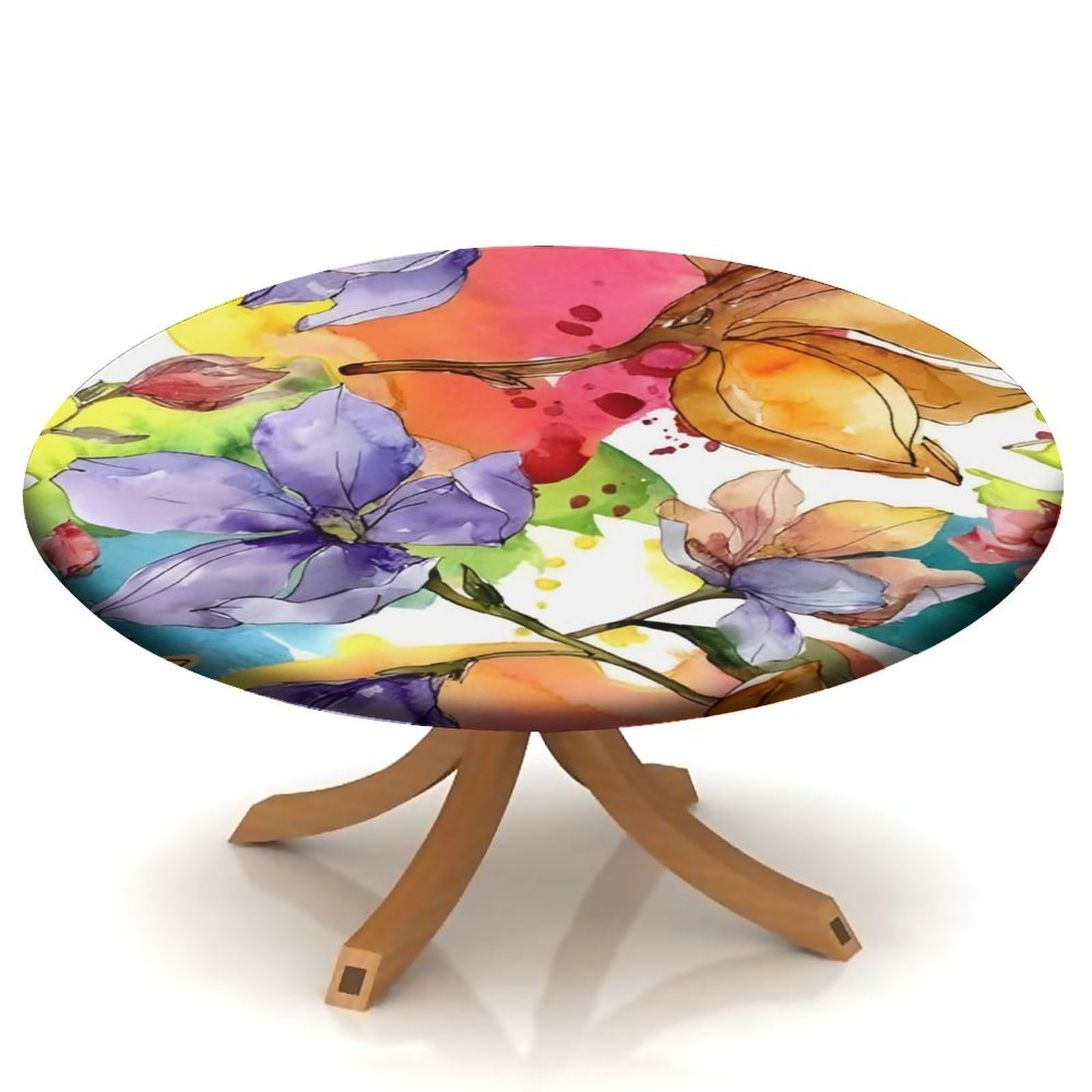 SongYi Floral Round Fitted Tablecloth with Elastic, Waterproof Wipeable Table Cloth for Picnic Outdoor Indoor, Colorful Watercolor Floral Fabric Table Cover for 28