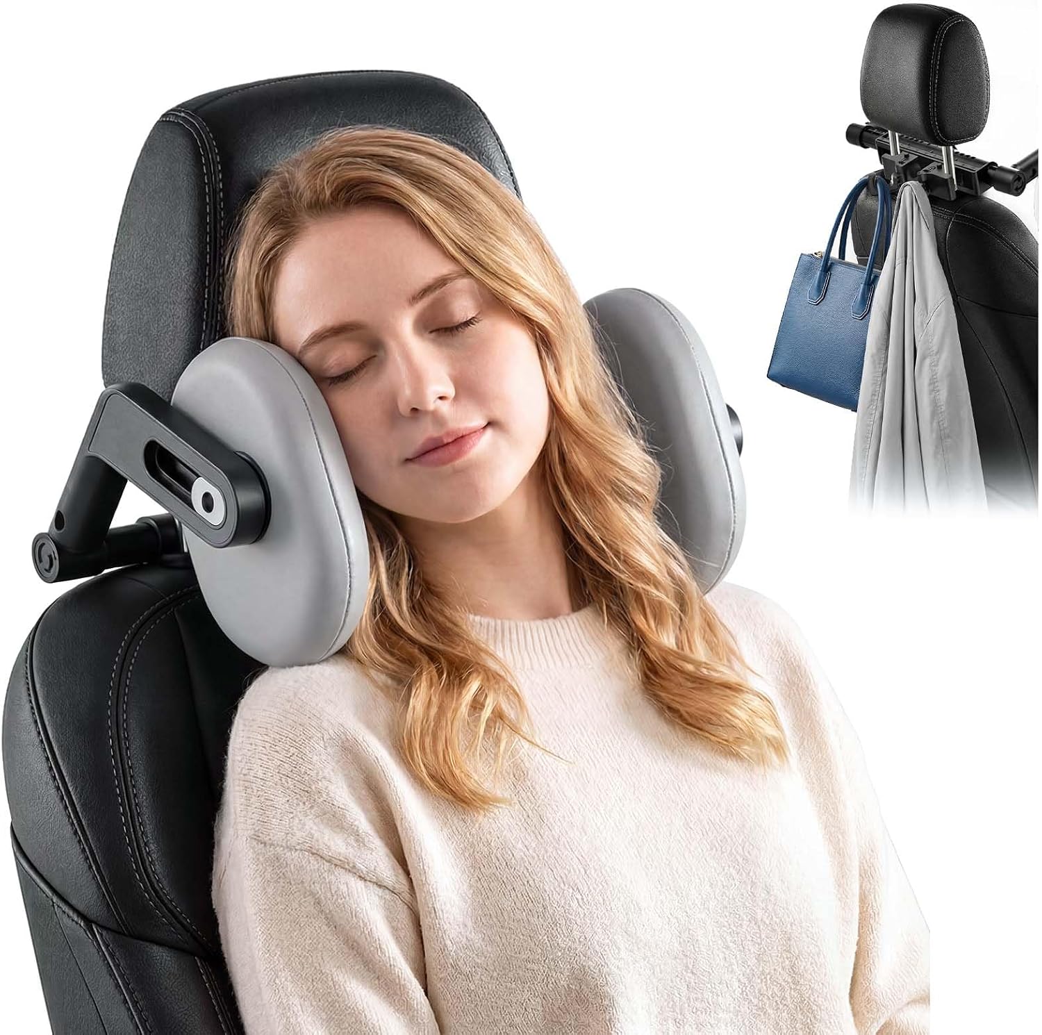Adjustable Car Headrest Pillow, Road Pal Headrest with Two Hooks, U-Shaped Travel Sleeping Pillow for Kids & Adults, Head Neck Support Only Suitable for Car Seat Headrest with Poles, Grey