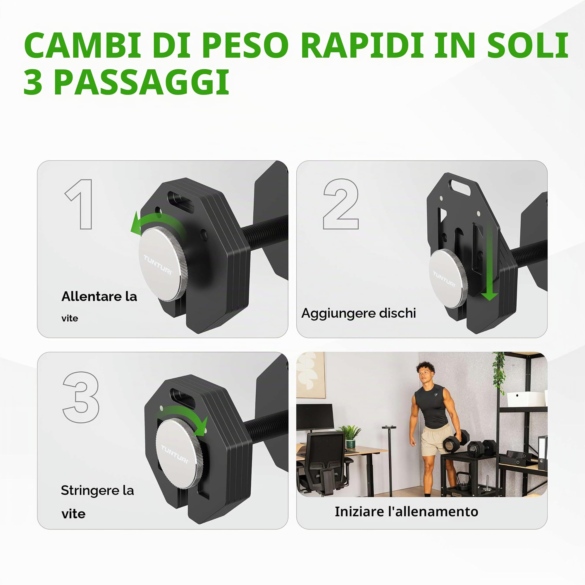 Tunturi Rapid Manubri corti regolabili, set singolo da 36 kg, regolabile da 4 a 36 kg, 17 manubri in uno, set di pesi per la palestra a casa