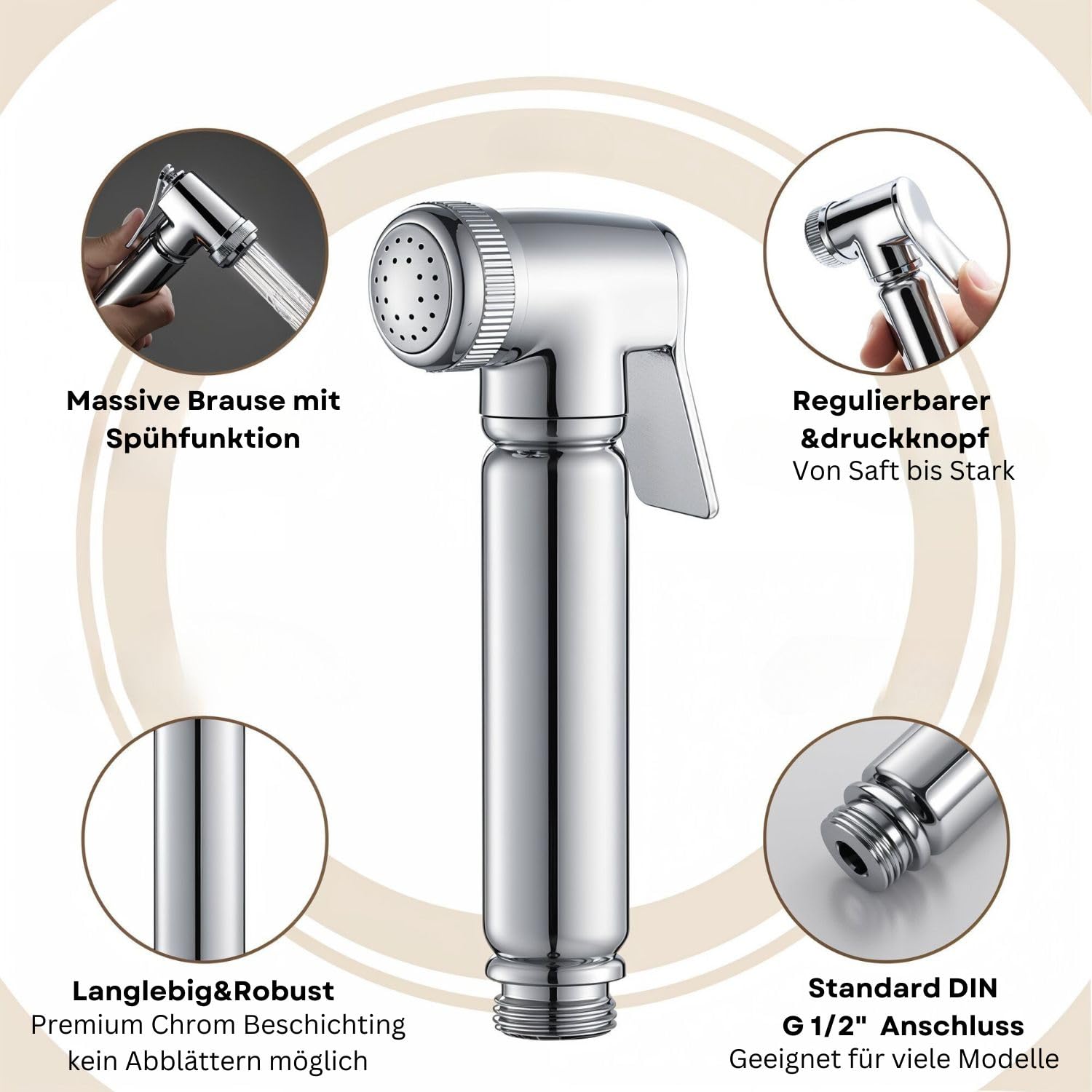 Douchette WC Design en Laiton Massif Chromé – Commande à Bouton-Poussoir, Sans Tuyau ni Support, Raccord G1/2”, Finition Brillante, Qualité Italienne Premium