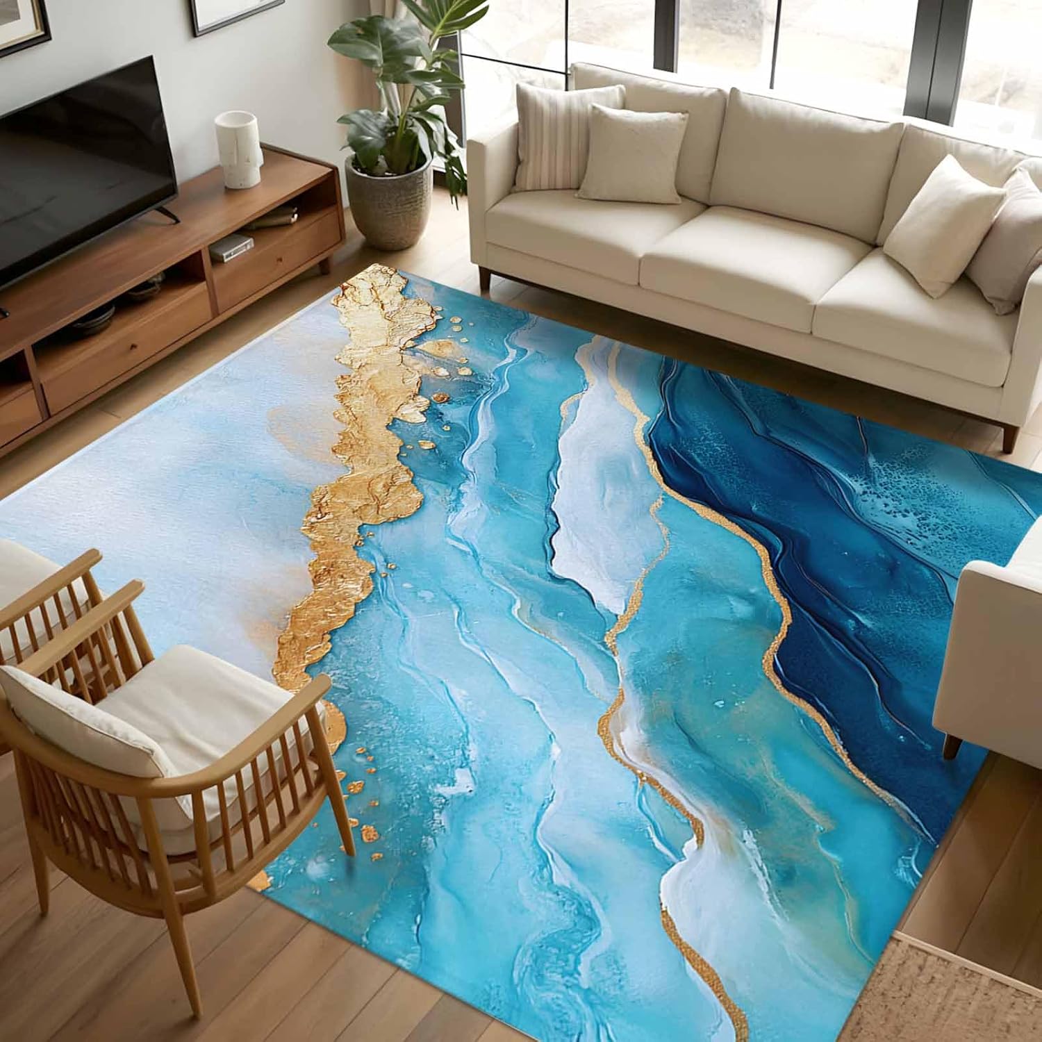 8×10 Area Rugs for Living Room, Teal Coastal Washable Rug Rectangular Indoor Carpet Non-Slip, Summer Beach Seaside Nautical Luxury Low Pile Bathroom Rug Kitchen Runner Rugs for Bedroom