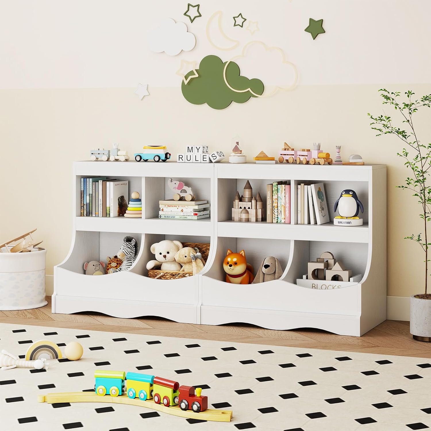 HONEY JOY Kids Toy Storage Organizer, 4-Cubby Wooden Bookcase Cabinet, 2-Tier Open Daycare Shelf for Preschool, Kids Display Bookshelf for Bedroom, Playroom, Classroom & Nursery (White)