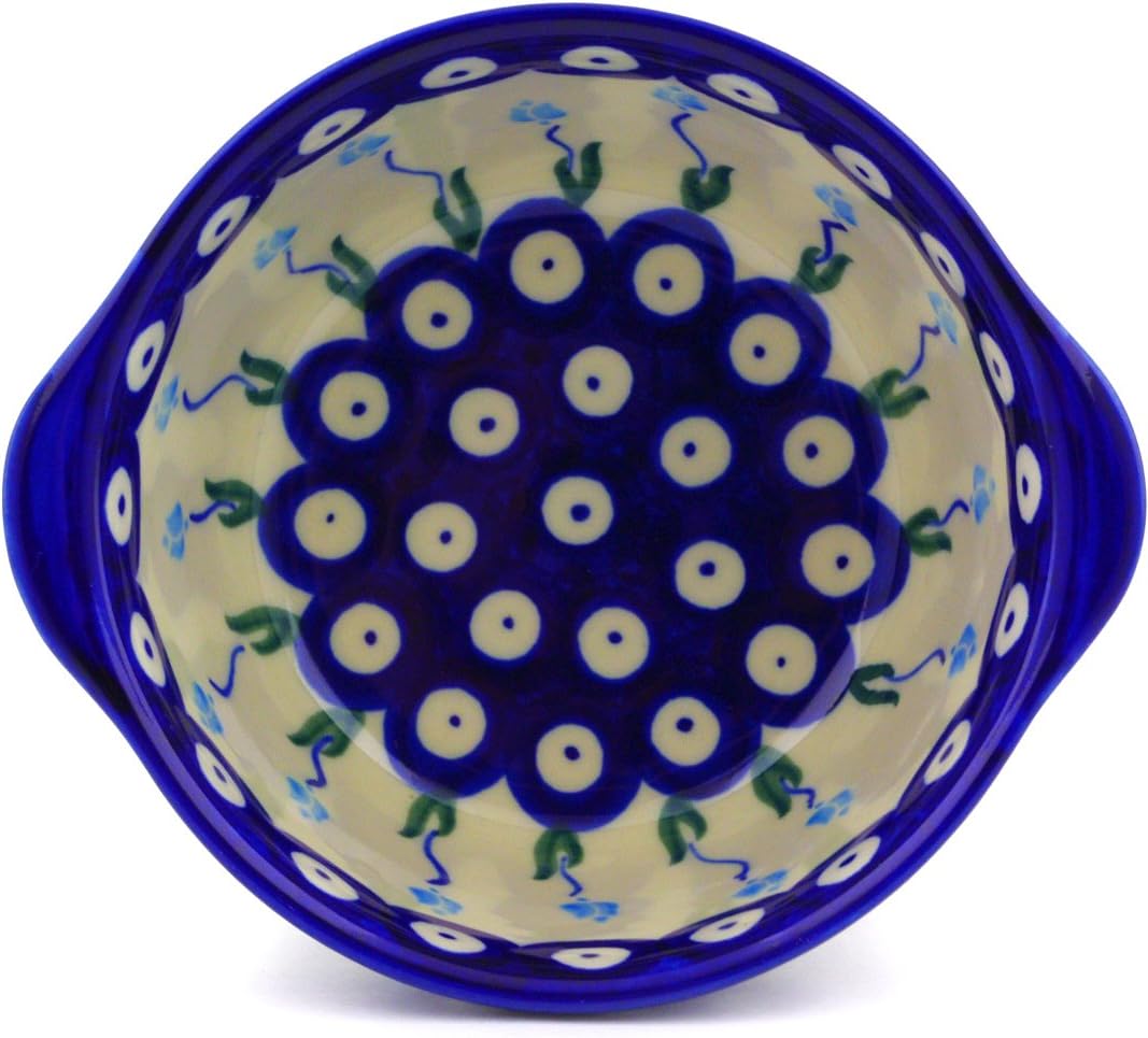 Polmedia Polish Pottery Bouillon Cup - Peacock Tulip Garden Pattern Handmade in Boleslawiec Poland by Ceramika Bona + Certificate of Authenticity