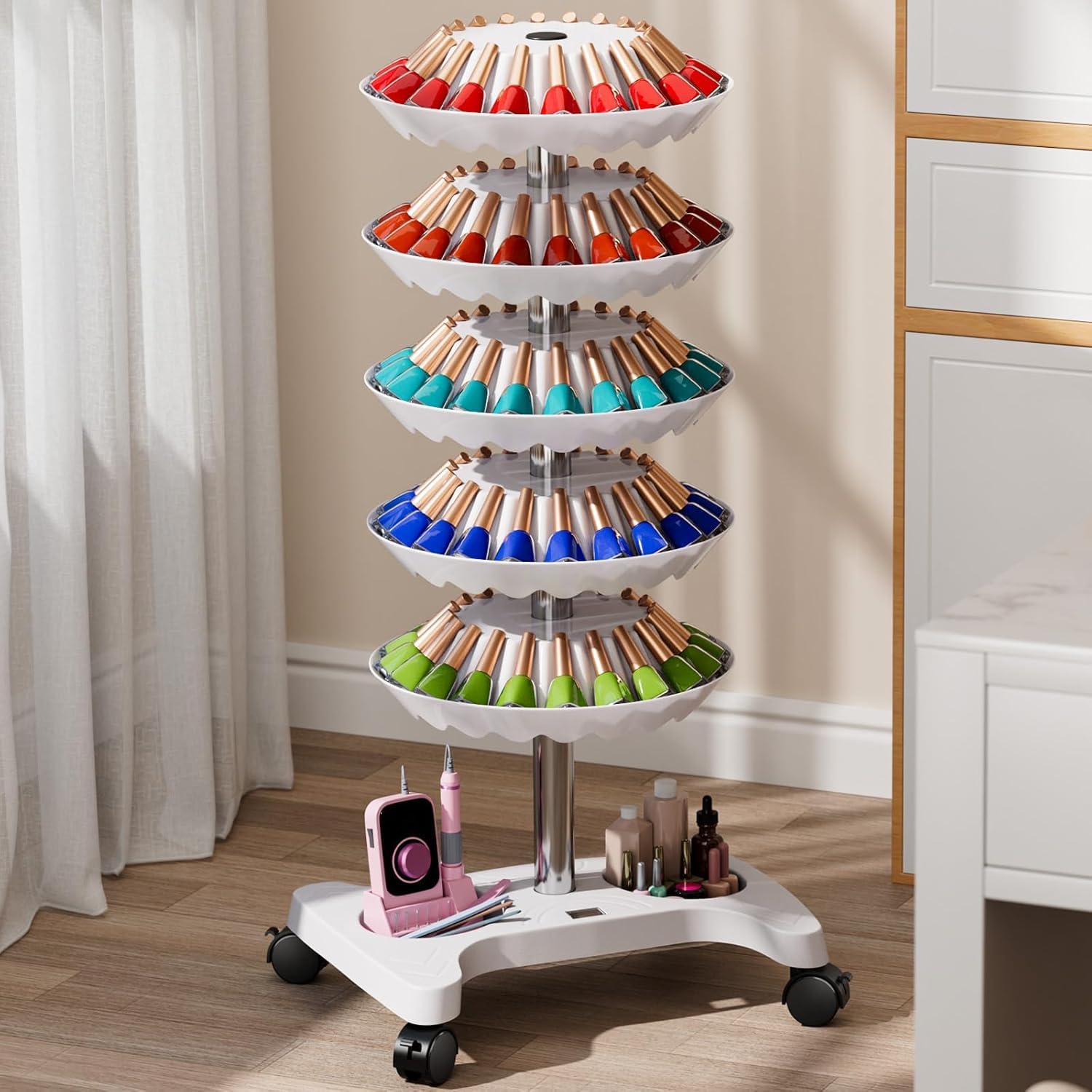 Nail Polish Trolley Display Stand, 5 Tiers Freestanding Nail Polish Spinning Rack with Wheels for Nail Salons, Home, Hold up 120 bottles, White